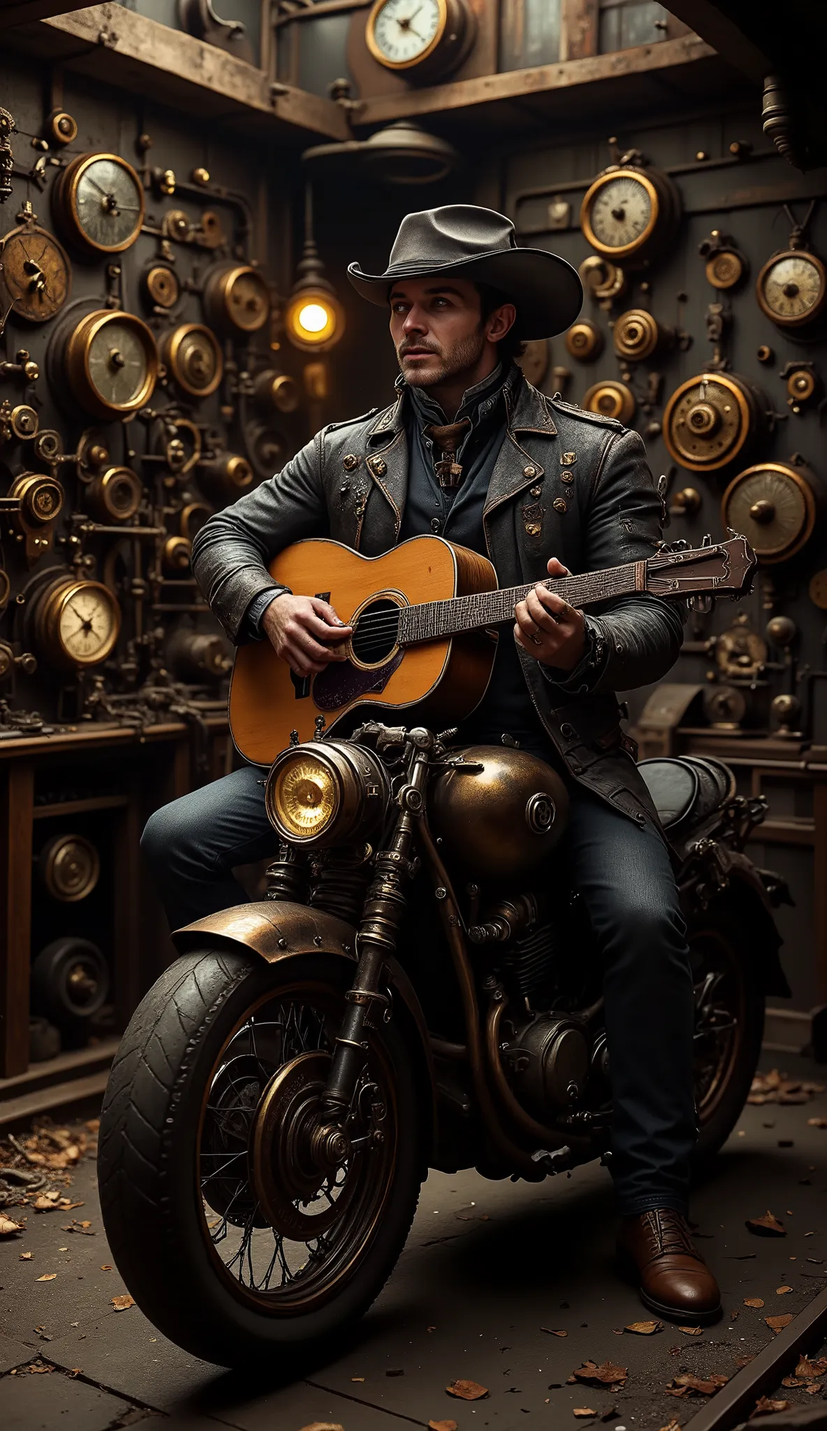 A steampunk motorcycle workshop filled with intricate brass and copper machinery, gears, and vintage tools mounted on wooden walls. A rugged man wearing a cowboy hat is sitting on a custom steampunk motorcycle. He holds an acoustic guitar and is in a mid-s...