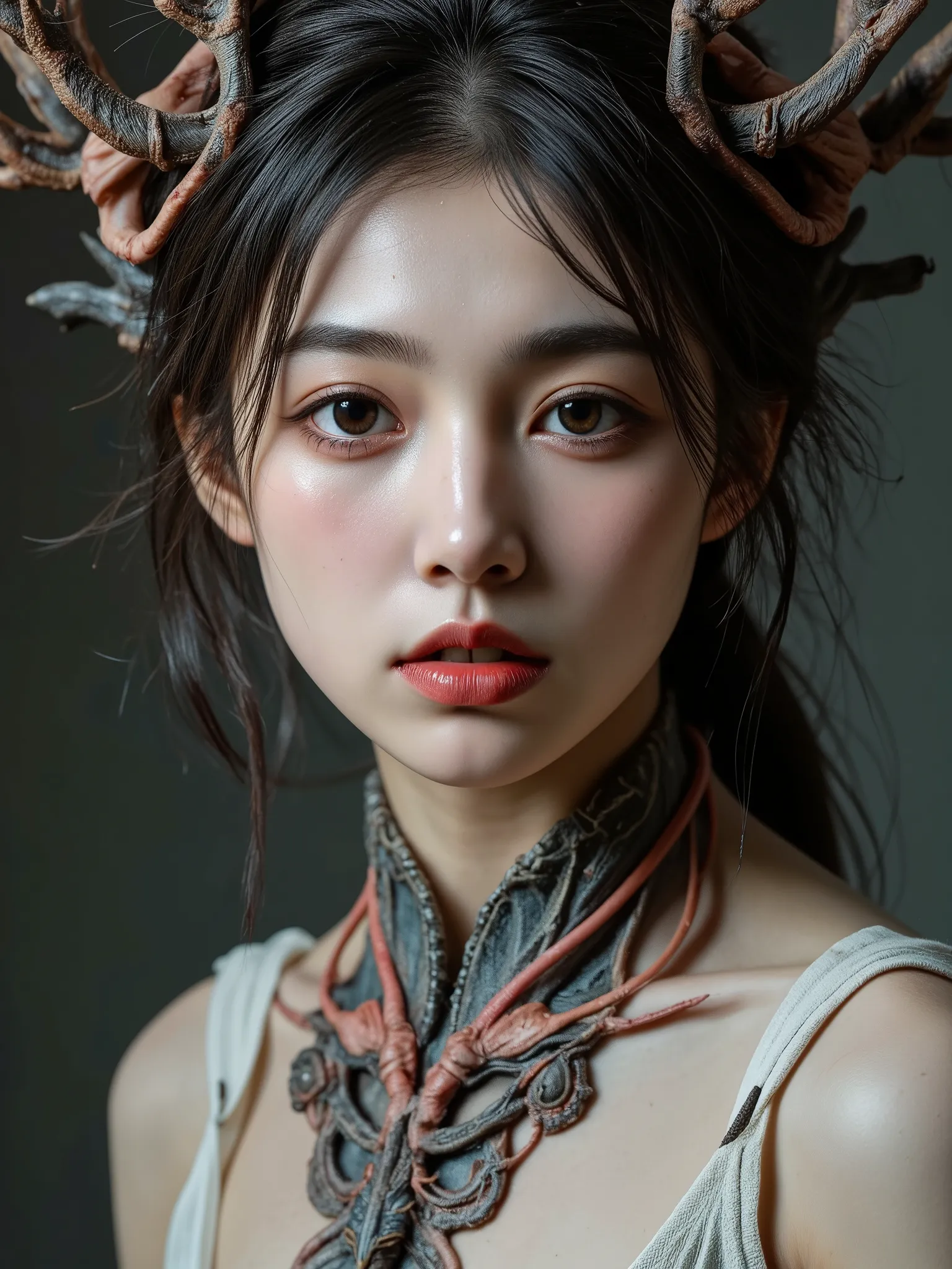 4K Raw photo.
A close-up of a beautiful bare skin figure fused with angels and demons crawling out of the darkness and a beautiful young Japanese woman.
The seamless junction shows a super-organic communion.
The organic skin is slightly wet and shiny and h...