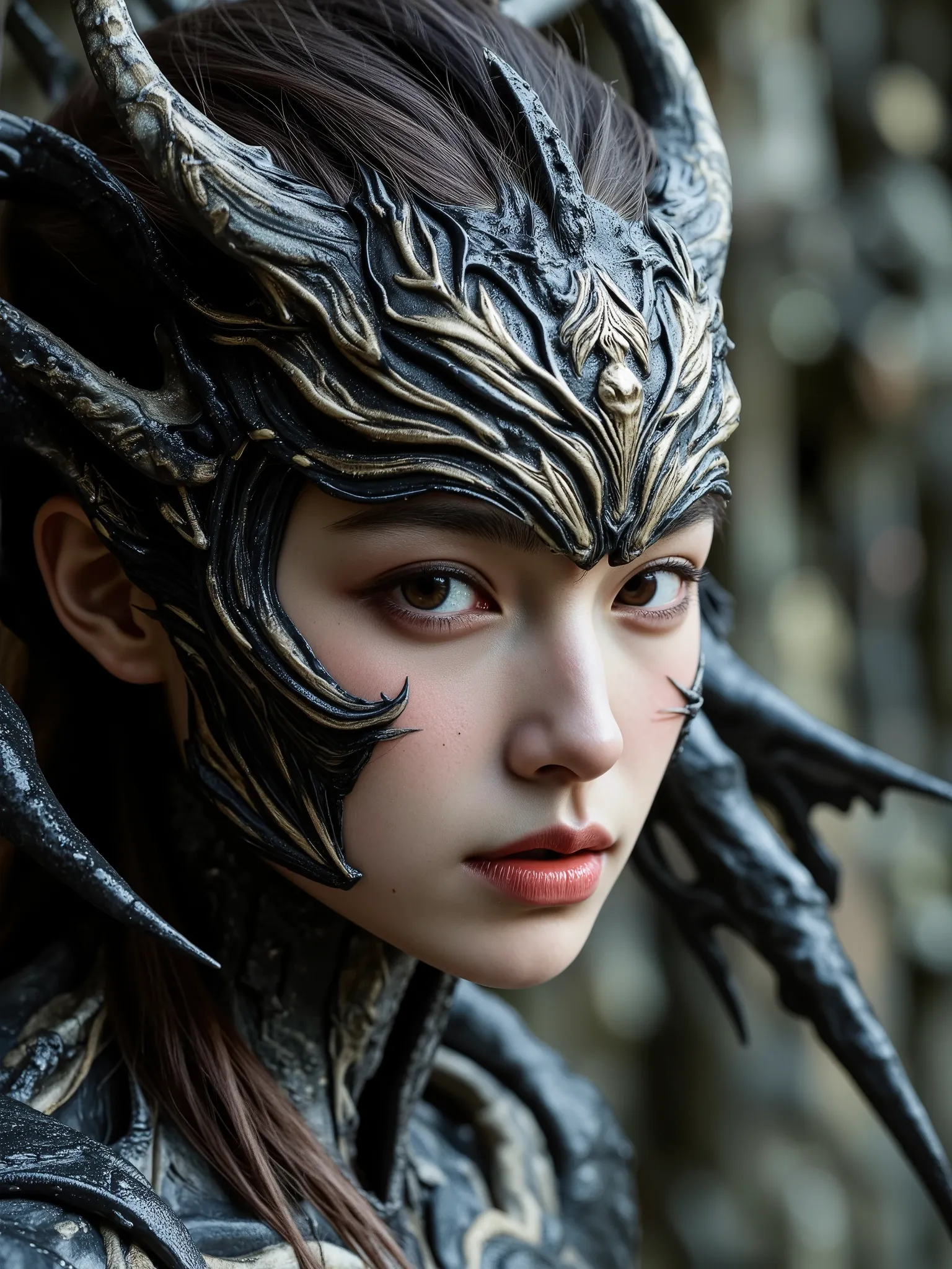 4K Raw photo.
A close-up of a beautiful bare skin figure fused with angels and demons crawling out of the darkness and a beautiful young Japanese woman.
The seamless junction shows a super-organic communion.
The organic skin is slightly wet and shiny and h...