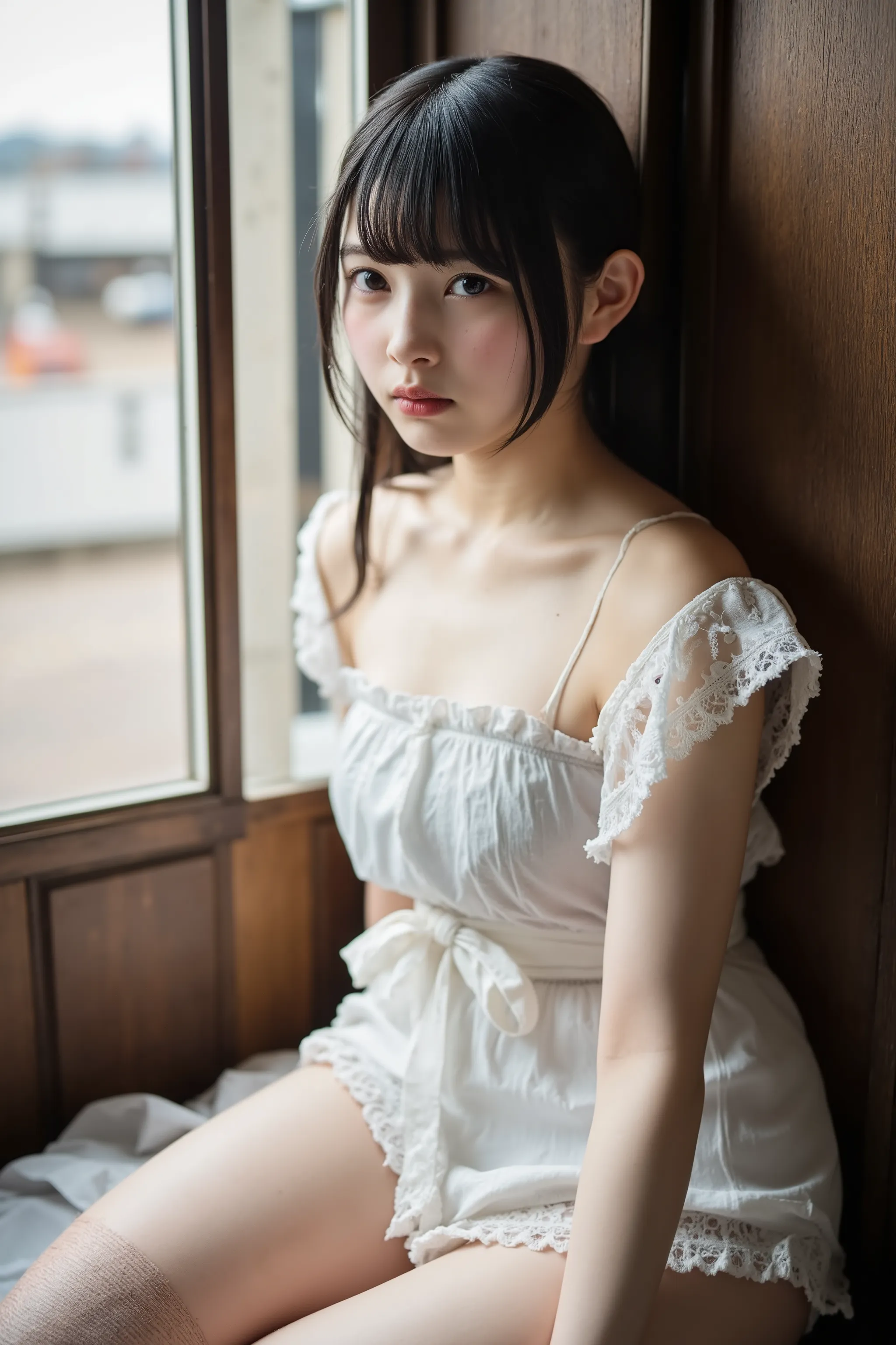 1 girl、maid、sitting、フリルソックス、from below、 Ashikiri、embarrassing、bike shorts、puffy lips、Toeless Legwear、cross lace legwear、masterpiece、Highest Quality、uncensored