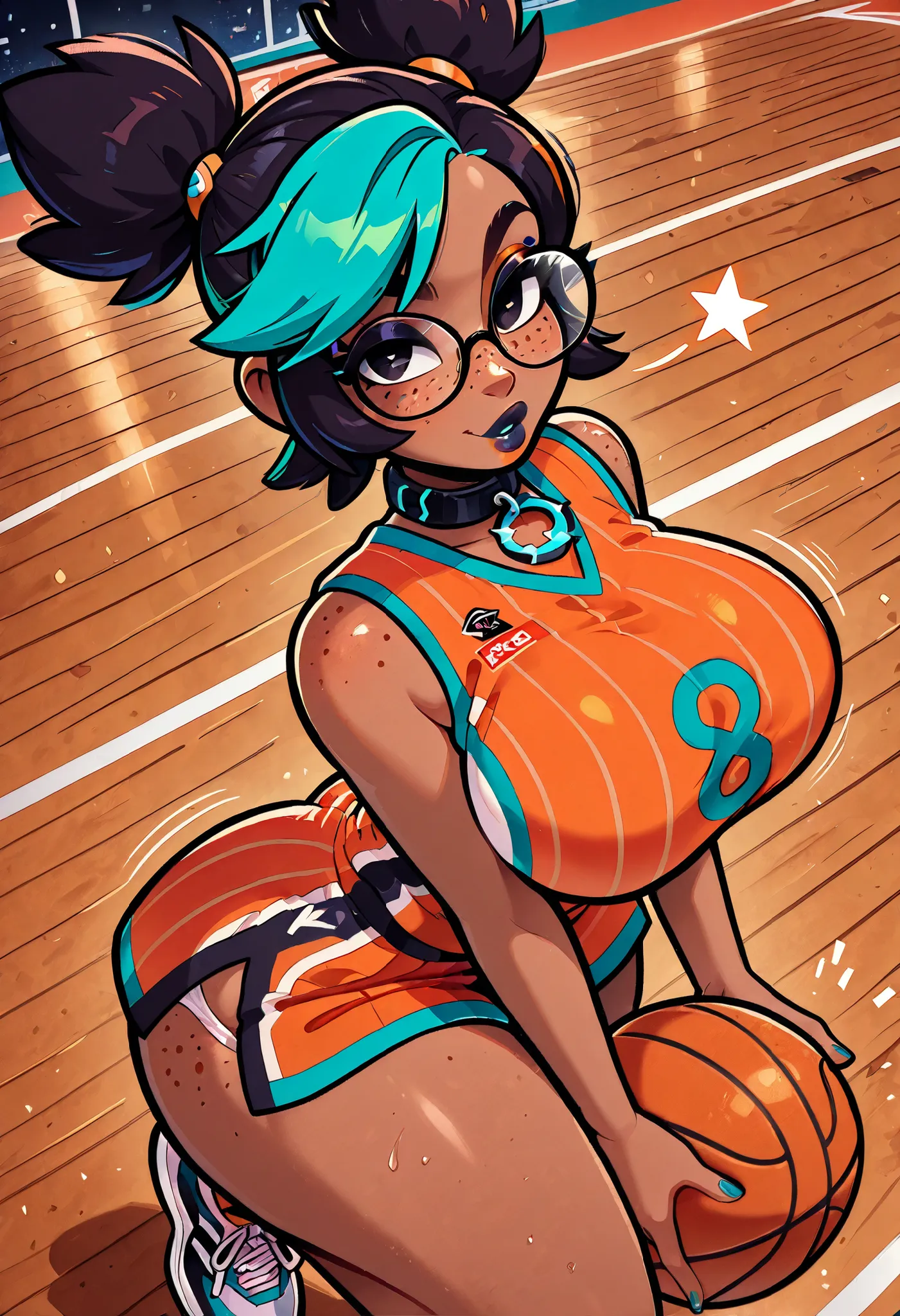 masterpiece, best quality, very aesthetic, absurdres, safe, (masterpiece), 1girl, solo, best quality, expressive eyes, perfect face, newest, perfect anatomy, flawless face, dark skinned African female with pigtails and glasses, multicolored hair, on a bask...