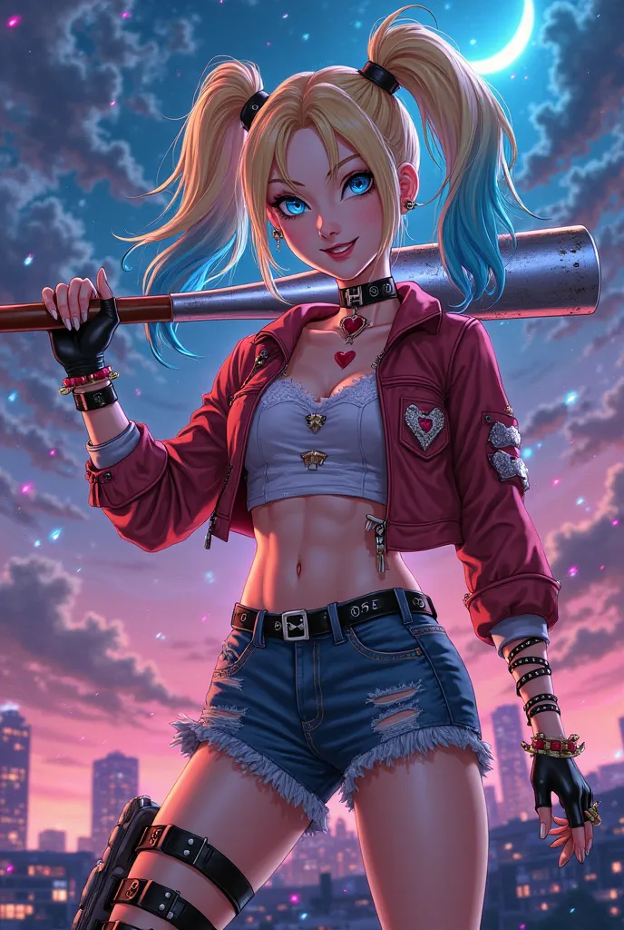 1girl, Harley Quinn, \(Suicide Squad ISEKAI)\) , Exquisite Details,  Anime Screenshot , best quality, Solo, animation coloring, Colorful composition,  Artistic Photograph ,  This is Origami isekaiquinn, makeup, Heart Face Mark , striped head, blond hair, blue hair, twin tail,  blue eyes, smiles, open mouth, , blush, 자연스러운 moon빛,  detailed beauty ,  Thigh High Panties , gloves, belly, sternum, jewel, jacket, Open clothes, shorts, 검은 gloves, belly, 검은  Thigh High Panties , 손가락 없는 gloves, collar, bracelet, 열린 jacket, 검은 jacket, Crop top, torn clothes, 짧은 shorts, tattoo, chain, spike, 크롭 jacket, spike bracelet, spike collar, 마이크로 shorts, 다채로운 jacket, rooftop, city, cloud, moon, Night time, is standing, From the side,  Looking at the Viewer , dynamic angle, 역동적인 포즈, (( Swinging a Metal Bat ))