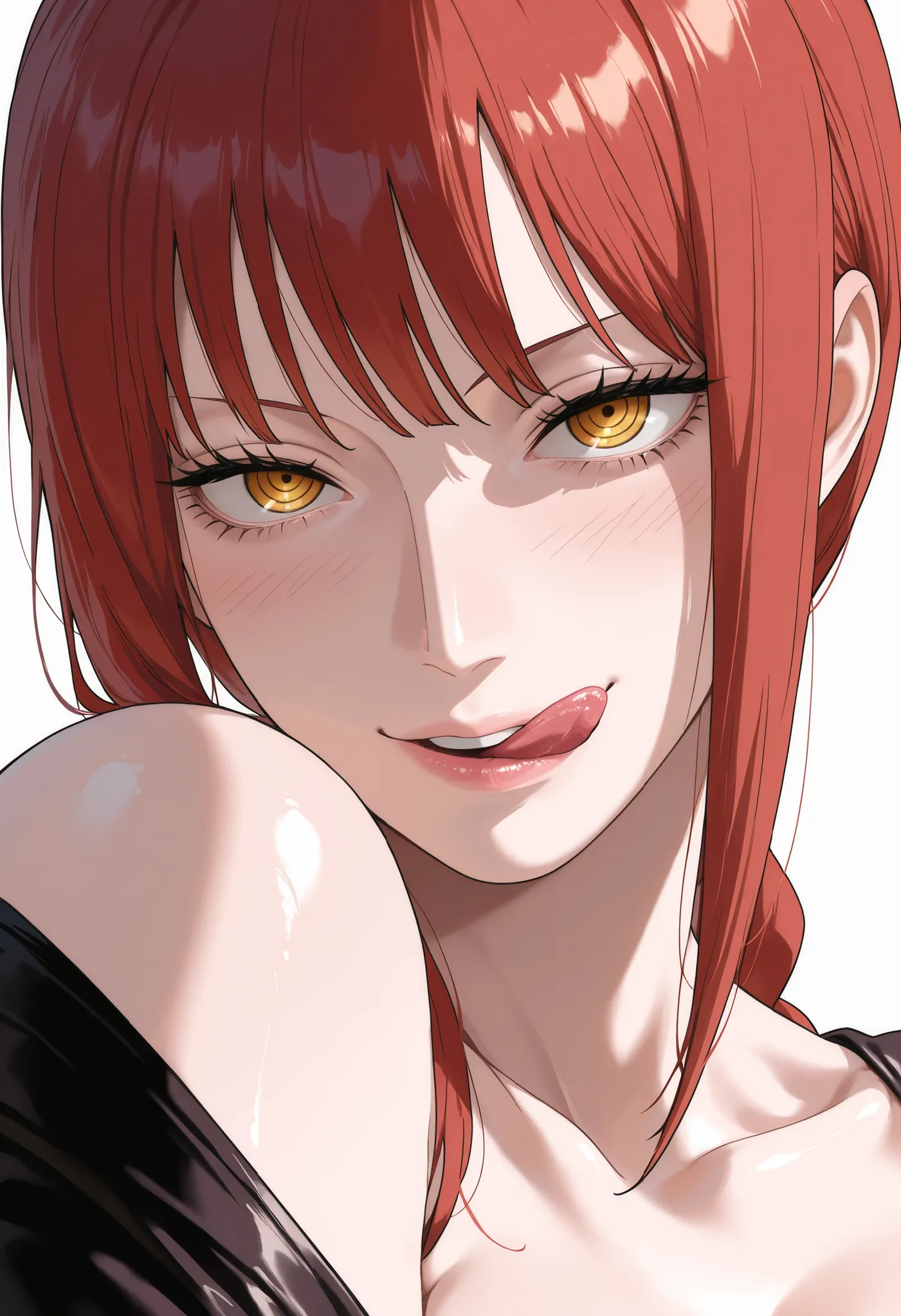 masterpiece, best quality, amazing quality, 1girl, (Makima, One Piece, Chainsaw man, yellow eyes, red hair), shy Face, close up shot, simple background, medium size , golden ratio face, sexy pose, Pinkish skin tone, smooth and soft skin, shiny skin, wearin...