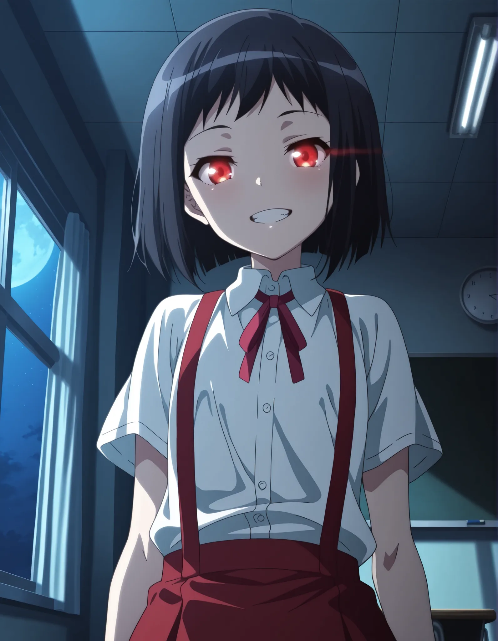 Master piece, highres, best quality, official art, highres, masterpiece, newest","solo, 1girl, hanakosan, black hair, grin, teeth, flat chest","school uniform, red skirt, neck ribbon, white shirt, short sleeves, suspenders, suspender skirt, BREAK classroom...