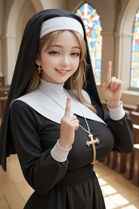 score_9, score_8_up, score_7_up, indoors,oung cute girl,solo,looking at viewer, (Nun,Nun's attire that doesn't reveal skin: 1.4), big breasts,half-closed eyes,smile,Right hand middle finger gesture,