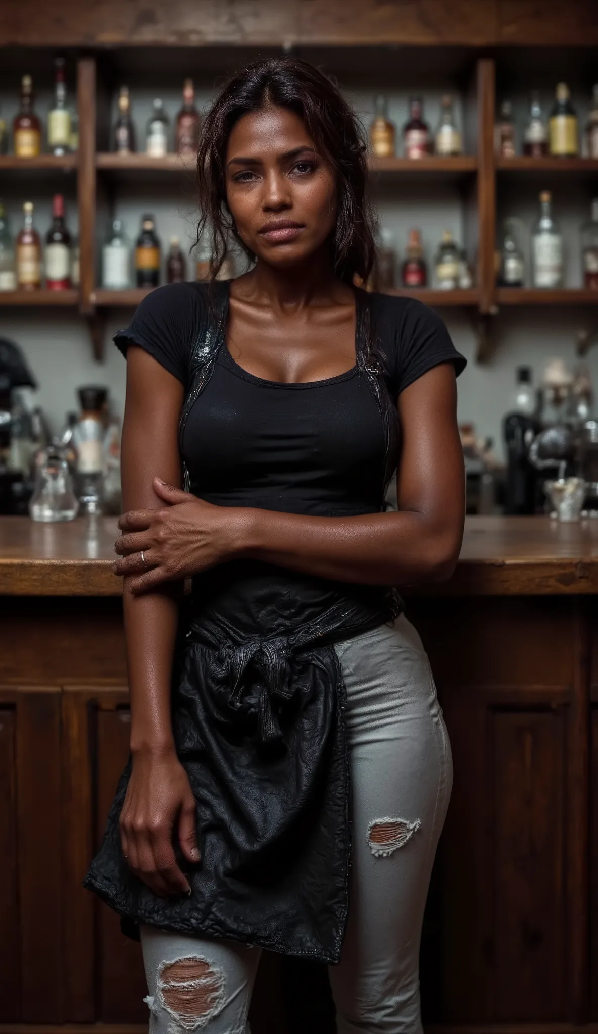 A woman, light-medium brown complexion, young and sexy adult, is positioned slightly to the left of center in a bar setting. She is wearing a black short-sleeved top. She also wears light ripped gray pants and a dark apron. She has straight, dark hair pull...