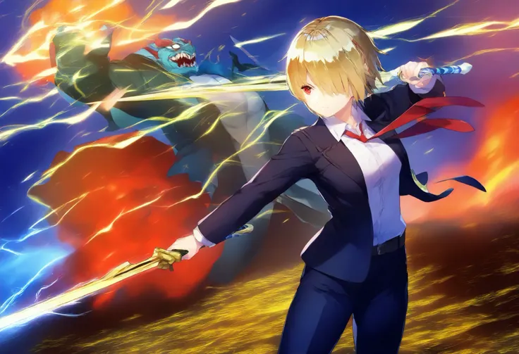 1 girl, 1monster, fights monsters, hand,  Gold, short hair, Hair on one eye, black suit, black jacket, jacket, black pants, white shirt, red tie, holding a sword, Open Lightning from the Sword