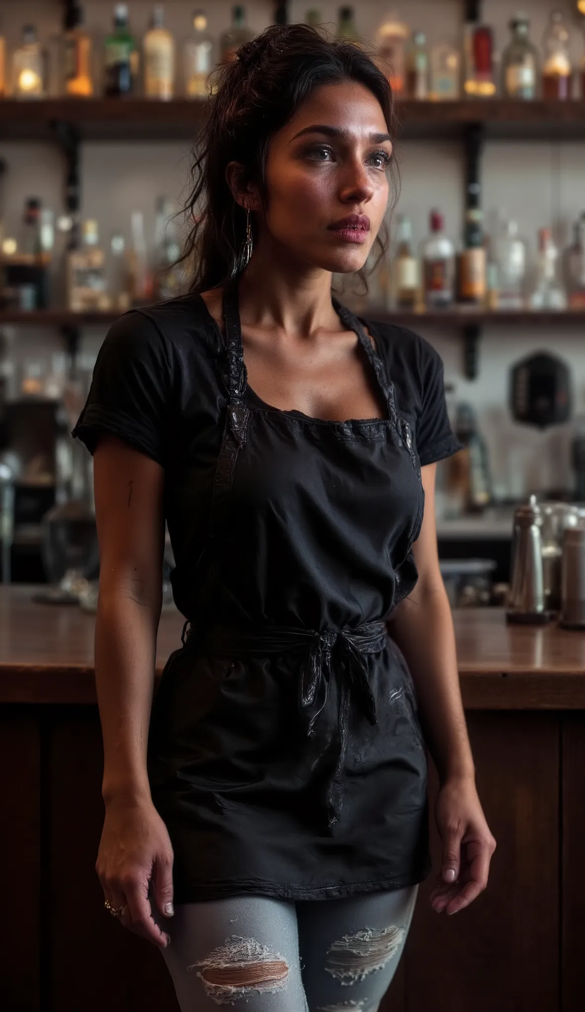 A woman, light-medium brown complexion, young and sexy adult, is positioned slightly to the left of center in a bar setting. She is wearing a black short-sleeved top. She also wears light ripped gray pants and a dark apron. She has straight, dark hair pull...