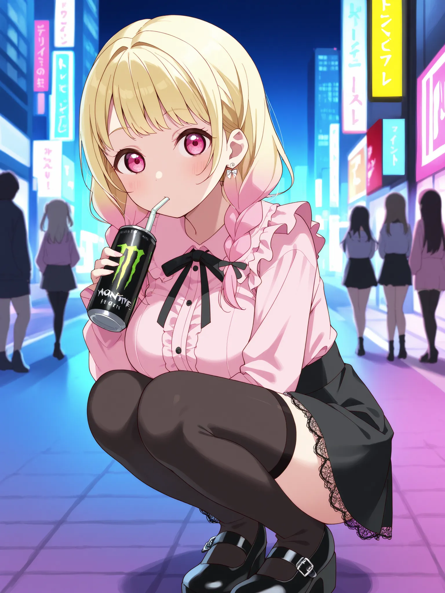 lovelive, long hair, blonde hair, pink hair, braid, multicolored hair, pink eyes, twin braids, gradient hair,jirai kei, pink shirt, neck ribbon, black skirt, black thighhighs, zettai ryouiki,large breasts,drinking pink  Monster Energy with straw,squatting,...