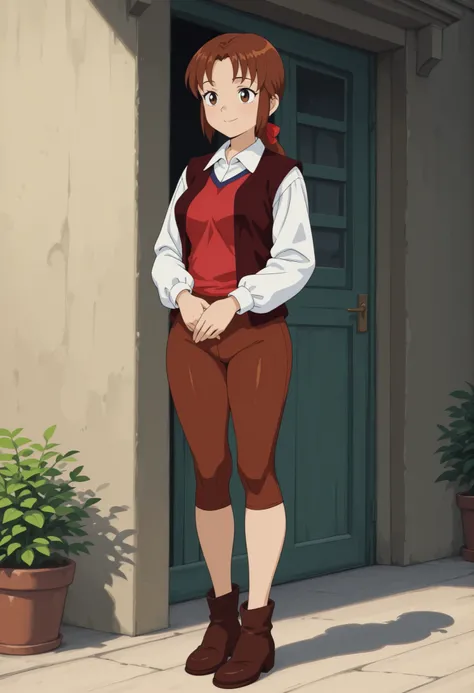 masterpiece,best quality,amazing quality, source_anime, 
mr_horry, 1girl, solo, brown eyes, brown hair, long hair, low ponytail, hair bow, red bow, shirt, white shirt, collared shirt, long sleeves, red shirt, sleeveless, vest, brown vest, open vest, , bike...