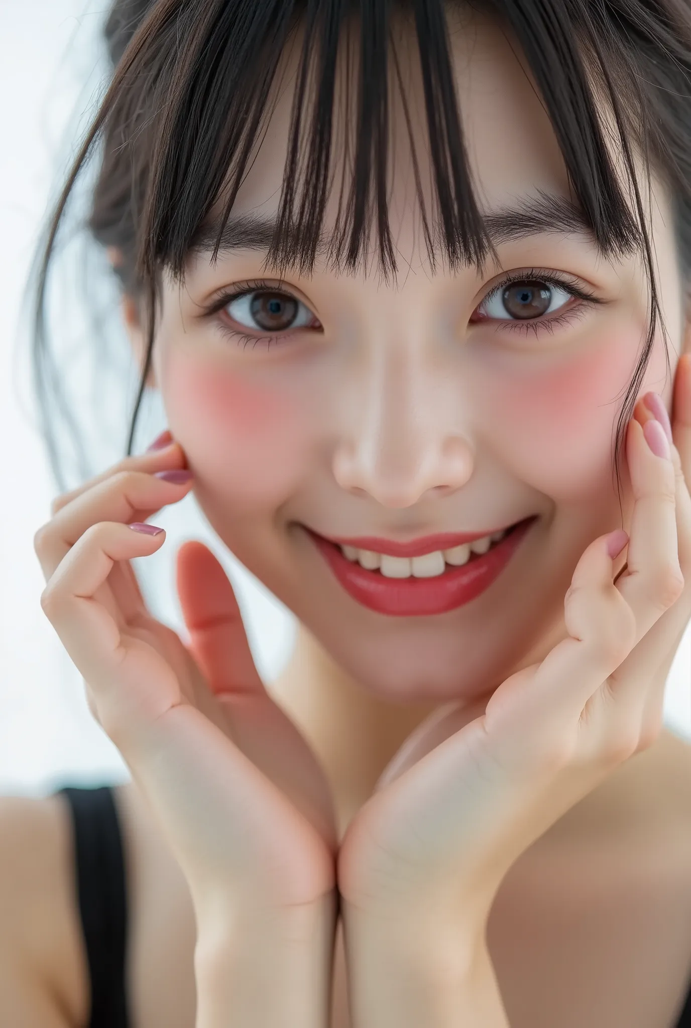 An extreme ultra close-up, hyperrealistic portrait of an overwhelmingly beautiful young Japanese woman, photographed in immaculate cinematic soft light. Her face fills 95% of the frame, captured in exquisite high-resolution with ultra-fine skin texture, vi...
