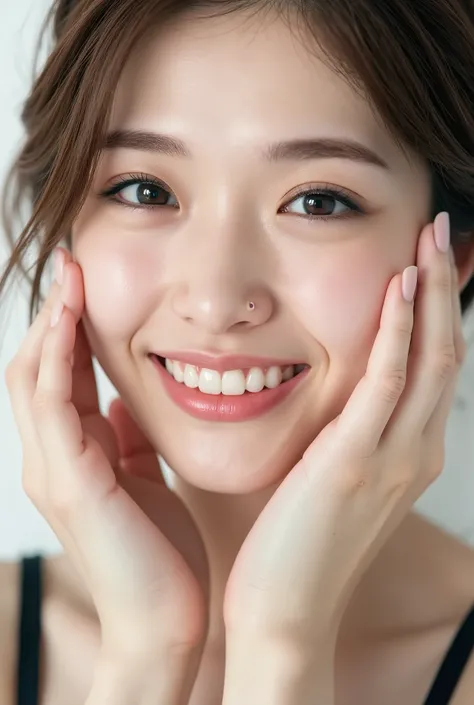 An extreme ultra close-up, hyperrealistic portrait of an overwhelmingly beautiful young Japanese woman, photographed in immaculate cinematic soft light. Her face fills 95% of the frame, captured in exquisite high-resolution with ultra-fine skin texture, vi...