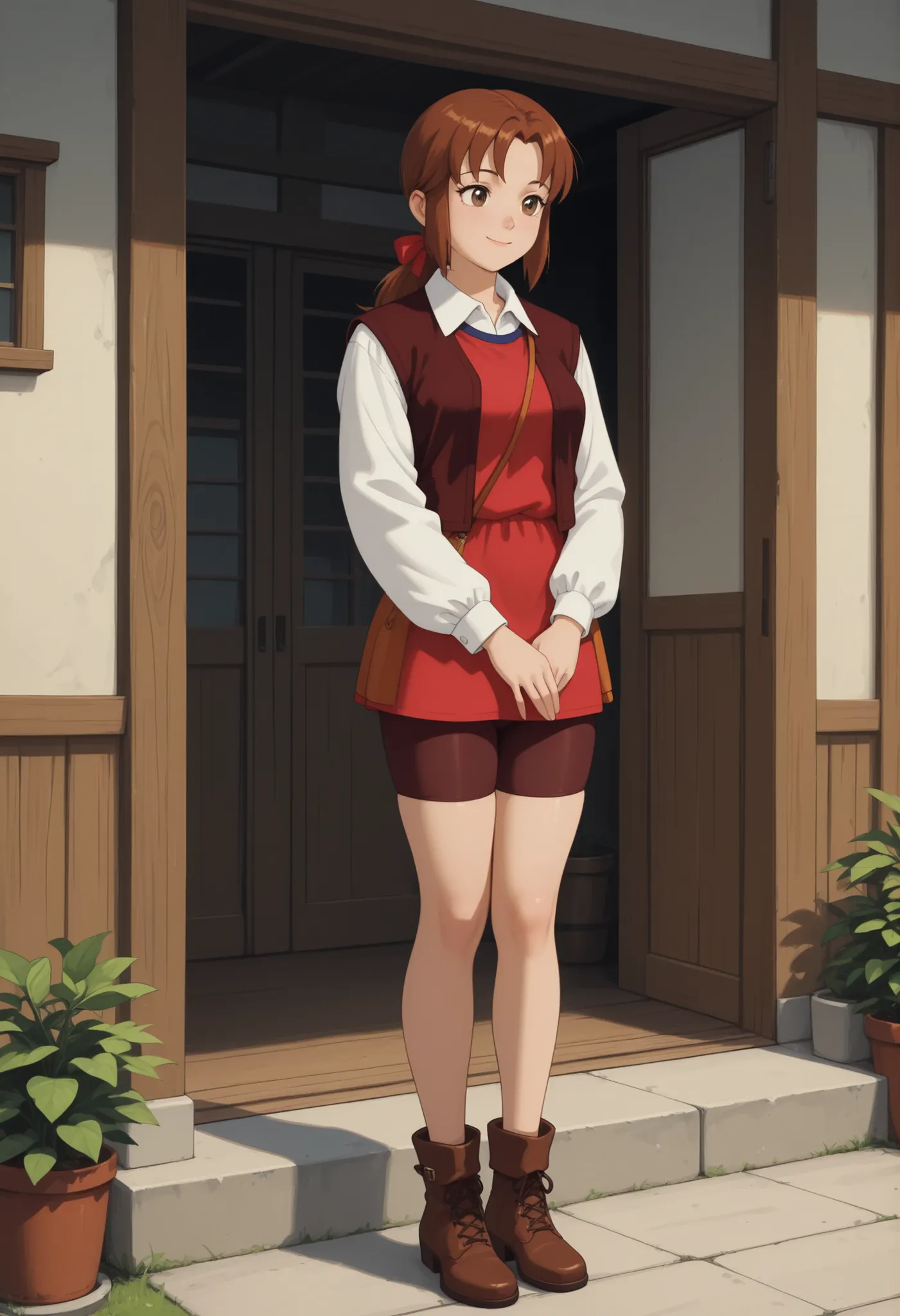 masterpiece,best quality,amazing quality, source_anime,
mr_horry, 1girl, solo, brown eyes, brown hair, long hair, low ponytail, hair bow, red bow, shirt, white shirt, collared shirt, long sleeves, red shirt, sleeveless, vest, brown vest, open vest, , bike...