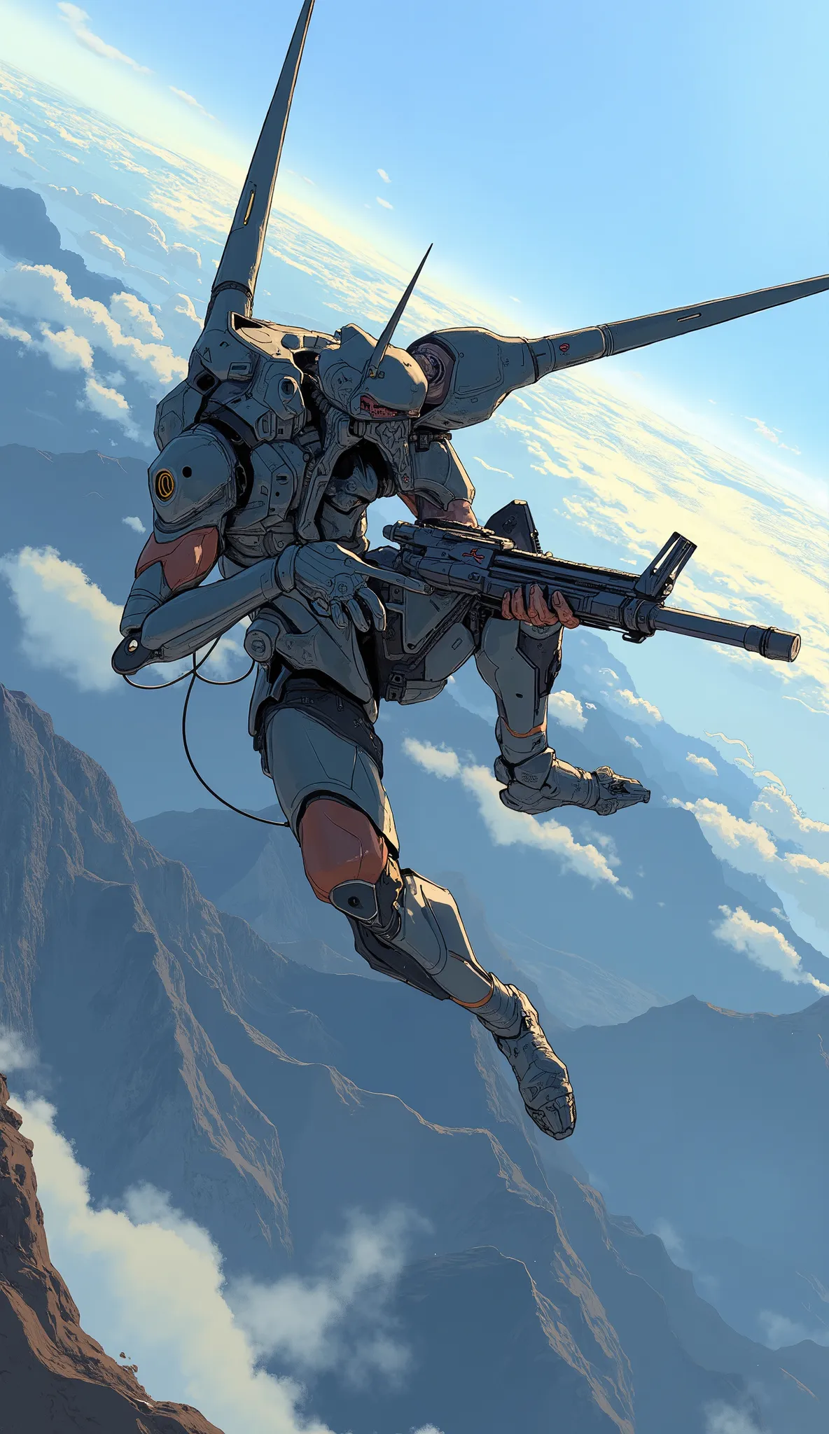 Aerial photo、7-EVA 01 gloss surface finish、 slimフィット、huge、free fall from the atmosphere、Hunchback、masterpiece、Spread your arms and legs、Has a large rifle、 Highest Quality 、Highest Quality 、 Best Picture Quality 、 Thematic depth 、 slim