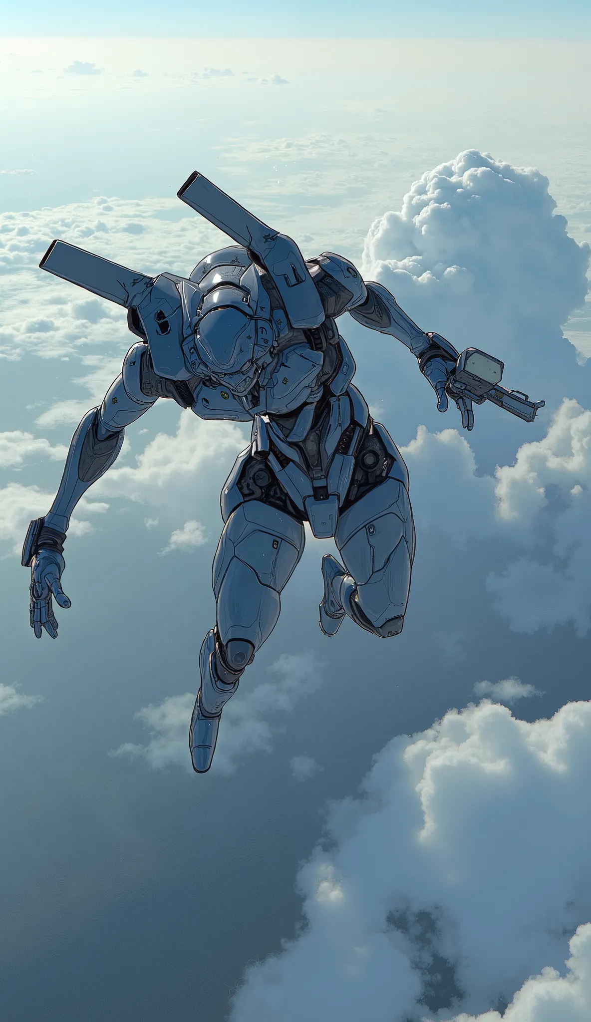 Aerial photo、7-EVA 01 gloss surface finish、 slimフィット、huge、free fall from the atmosphere、Hunchback、masterpiece、Spread your arms and legs、Has a large rifle、 Highest Quality 、Highest Quality 、 Best Picture Quality 、 Thematic depth 、 slim