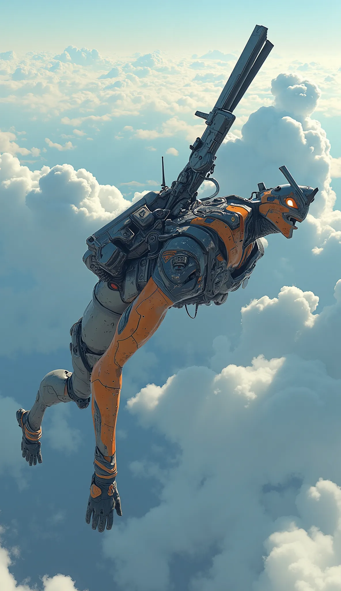 Aerial photo、back view、7-EVA 01 gloss surface finish、 slimフィット、huge、free fall from the atmosphere、Hunchback、masterpiece、Spread your arms and legs、Has a large rifle、 Highest Quality 、Highest Quality 、 Best Picture Quality 、 Thematic depth 、 slim