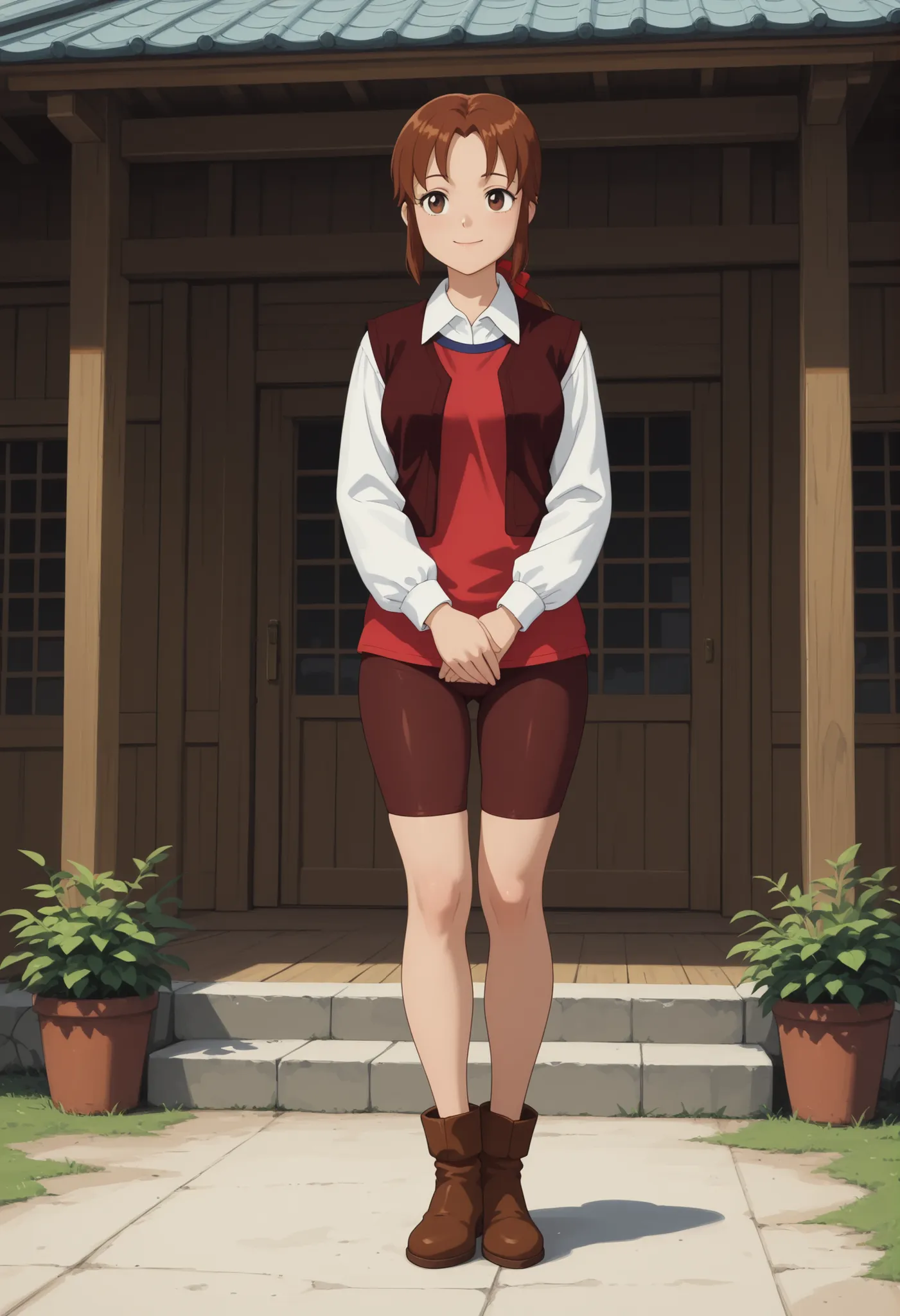 masterpiece,best quality,amazing quality, source_anime,
mr_horry, 1girl, solo, brown eyes, brown hair, long hair, low ponytail, hair bow, red bow, shirt, white shirt, collared shirt, long sleeves, red shirt, sleeveless, vest, brown vest, open vest, , bike...