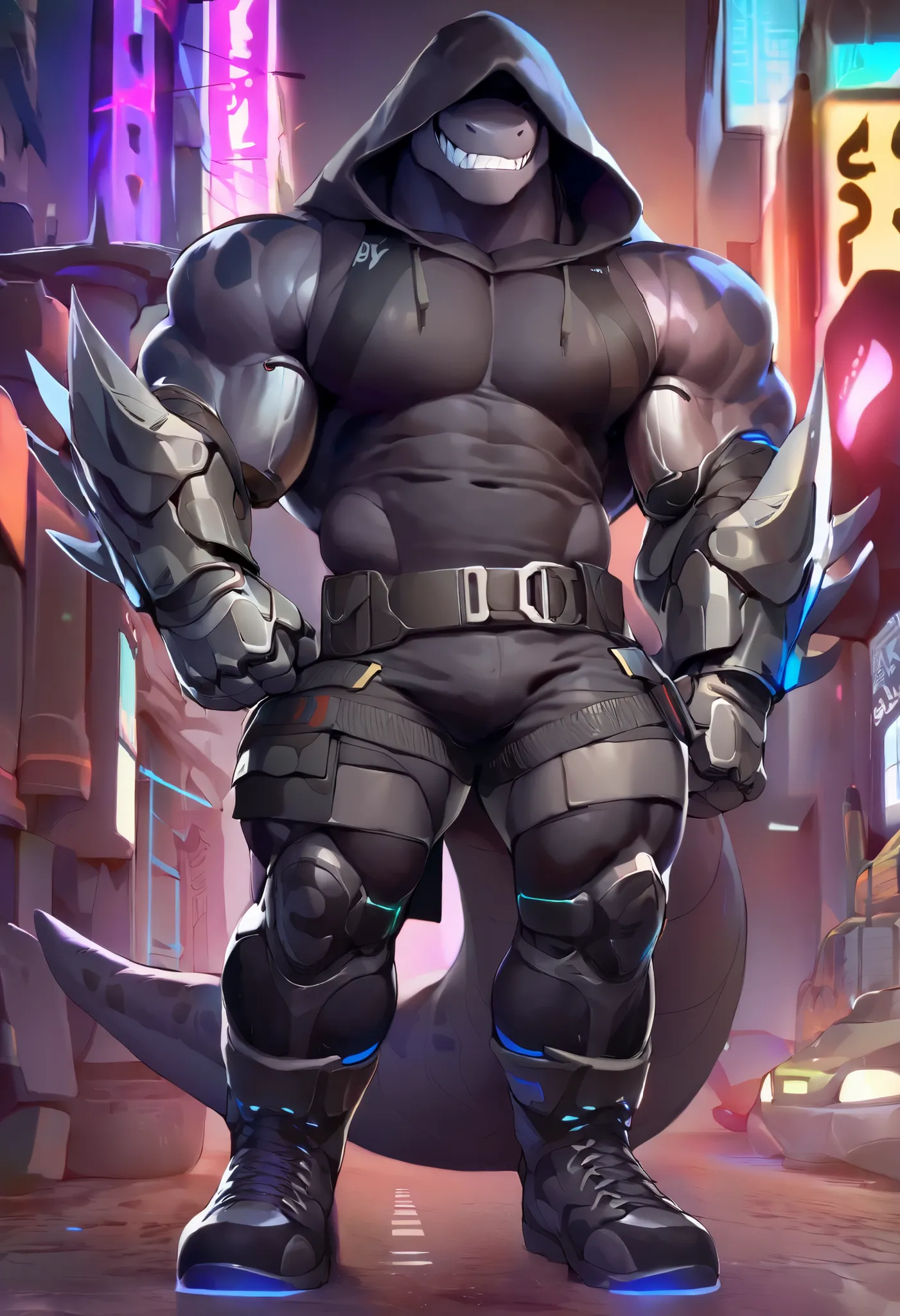 Anthro, lizardman, hooded, ((can't see eyes)), tall, muscular, big pecs, abs, black cowl, black hood, black scale, (white front), toothy smile, big biceps, big tail, Standing proud , Neon lit street, night time, black camo pants, poofy pants, black leather...