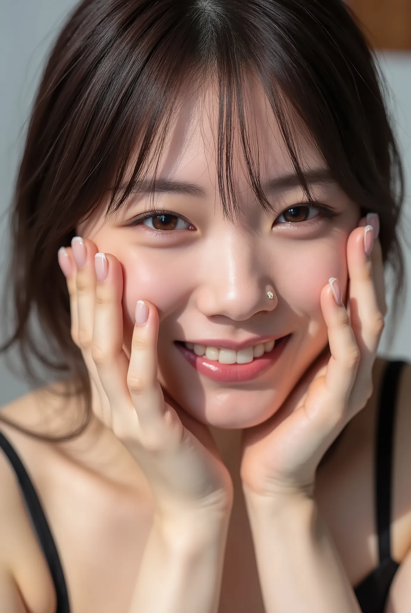 An extreme ultra close-up, hyperrealistic portrait of a stunningly beautiful young Japanese woman. Her face fills 95% of the frame, captured in cinematic soft natural lighting. Her porcelain skin glows with an ultra-luxury makeup sheen, showing hyper-detai...