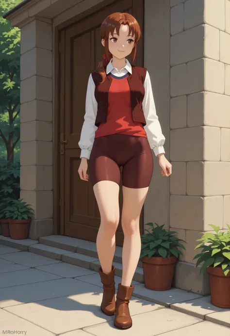masterpiece,best quality,amazing quality, source_anime, 
mr_horry, 1girl, solo, brown eyes, brown hair, long hair, low ponytail, hair bow, red bow, shirt, white shirt, collared shirt, long sleeves, red shirt, sleeveless, vest, brown vest, open vest, , bike...