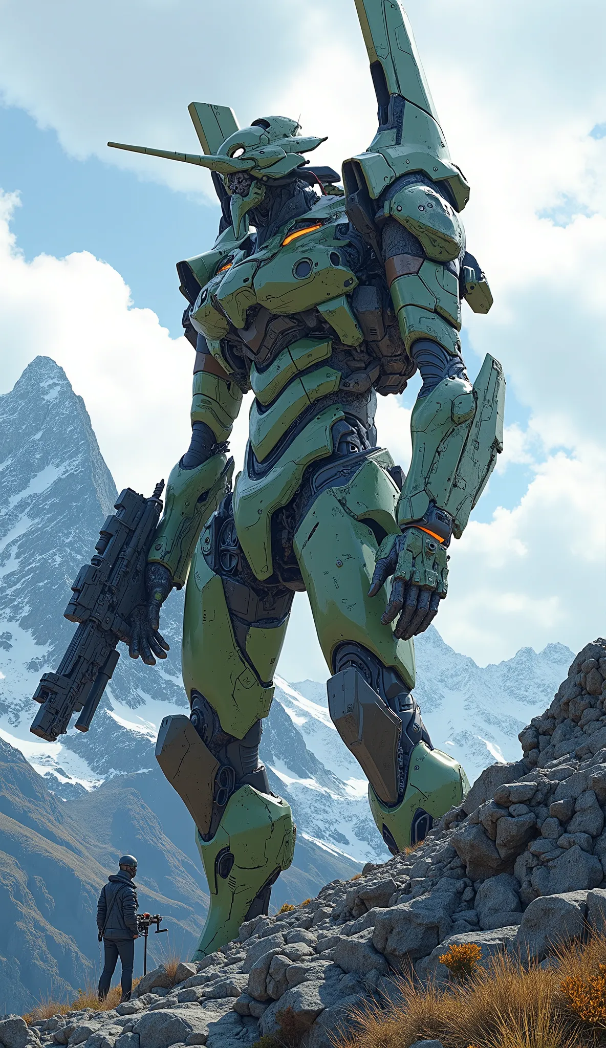 Aerial photo、7-EVA 01 gloss surface finish、 slimフィット、huge、Hunchback、masterpiece、Hold a large sniper rifle in mountainous areas、 Highest Quality 、Highest Quality 、 Best Picture Quality 、 Thematic depth 、 slim