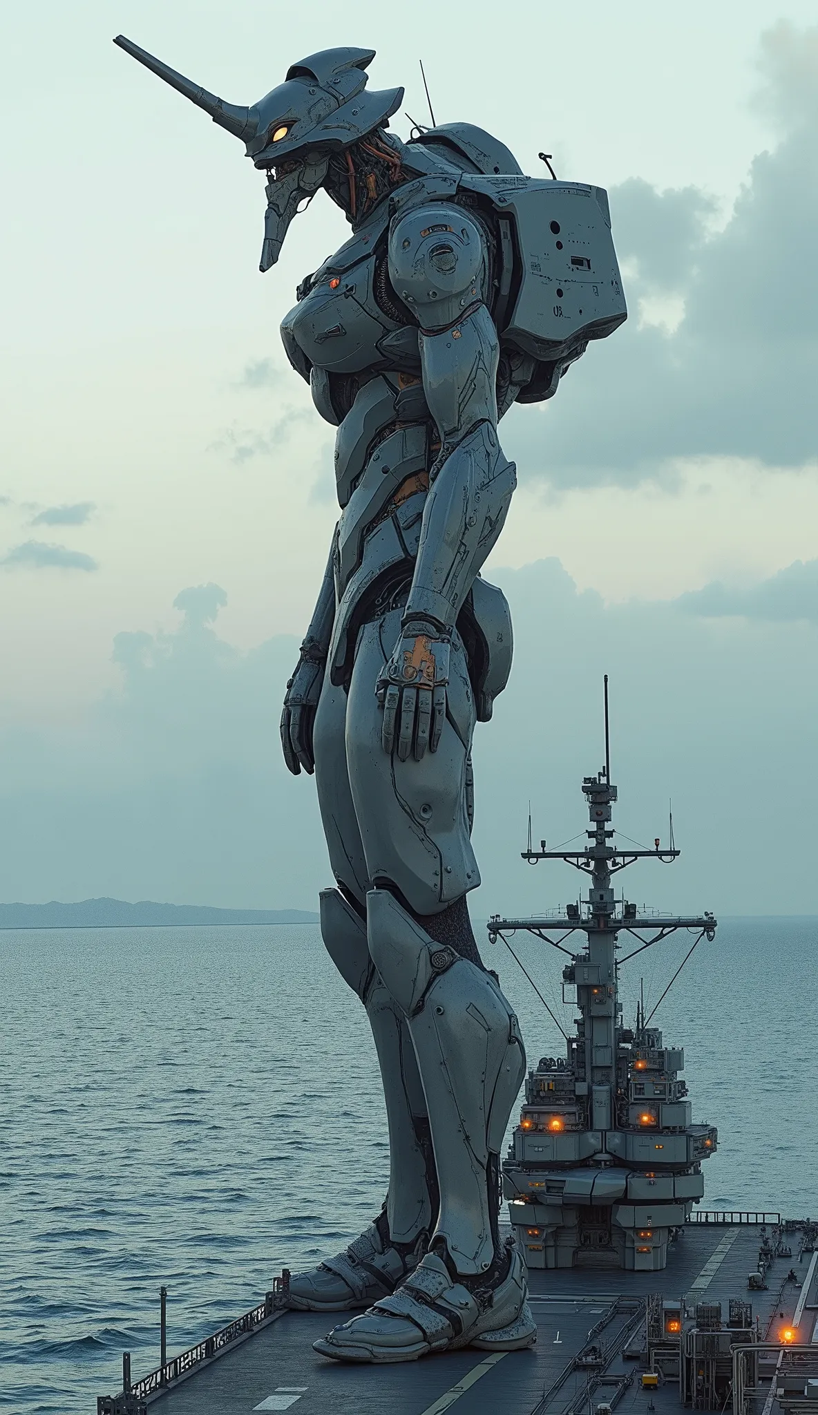 Aerial photo、7-EVA 01 gloss surface finish、 slimフィット、huge、Hunchback、masterpiece、Standing with arms folded on top of a supergiant aircraft carrier、 Highest Quality 、Highest Quality 、 Best Picture Quality 、 Thematic depth 、 slim
