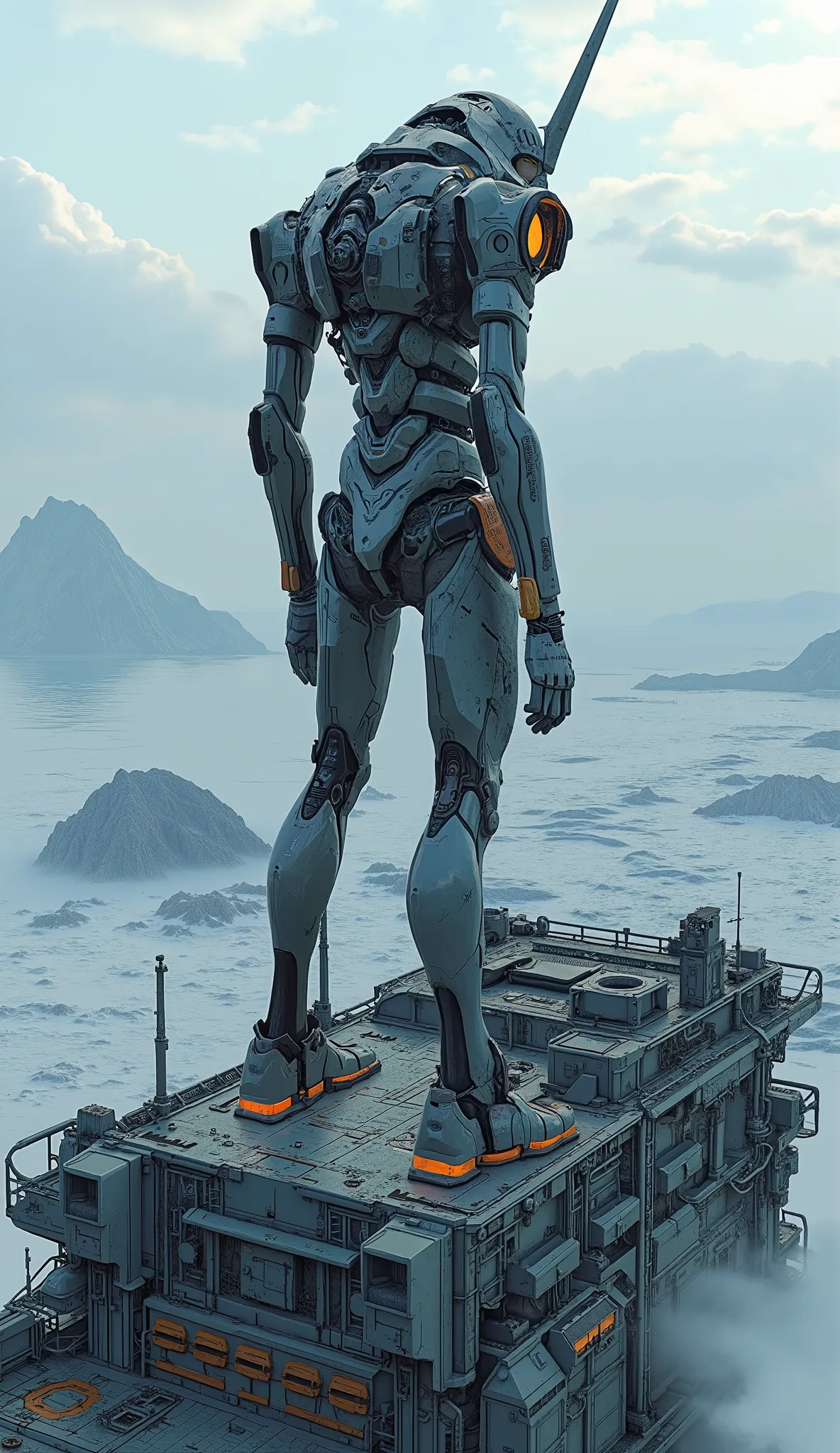 Aerial photo、7-EVA 01 gloss surface finish、 slimフィット、huge、Hunchback、masterpiece、Standing with arms folded on top of a supergiant aircraft carrier、 Highest Quality 、Highest Quality 、 Best Picture Quality 、 Thematic depth 、 slim