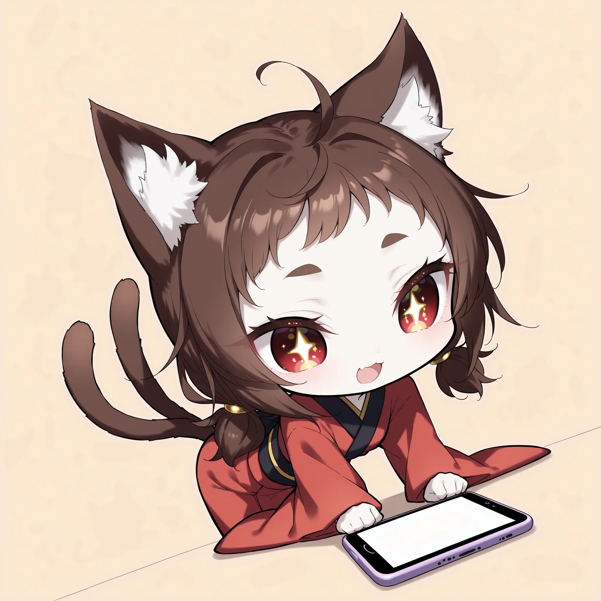 Simple background, smartphone, pale skin, dutch angle, (solo, 1girl, solo, 1girl, nekomata, red eyes, dark brown hair, low twintails, short twintails, very short bangs, cat ears, white fur inside cat ears), (((chibi, thin, petite, short))), (red kimono), h...