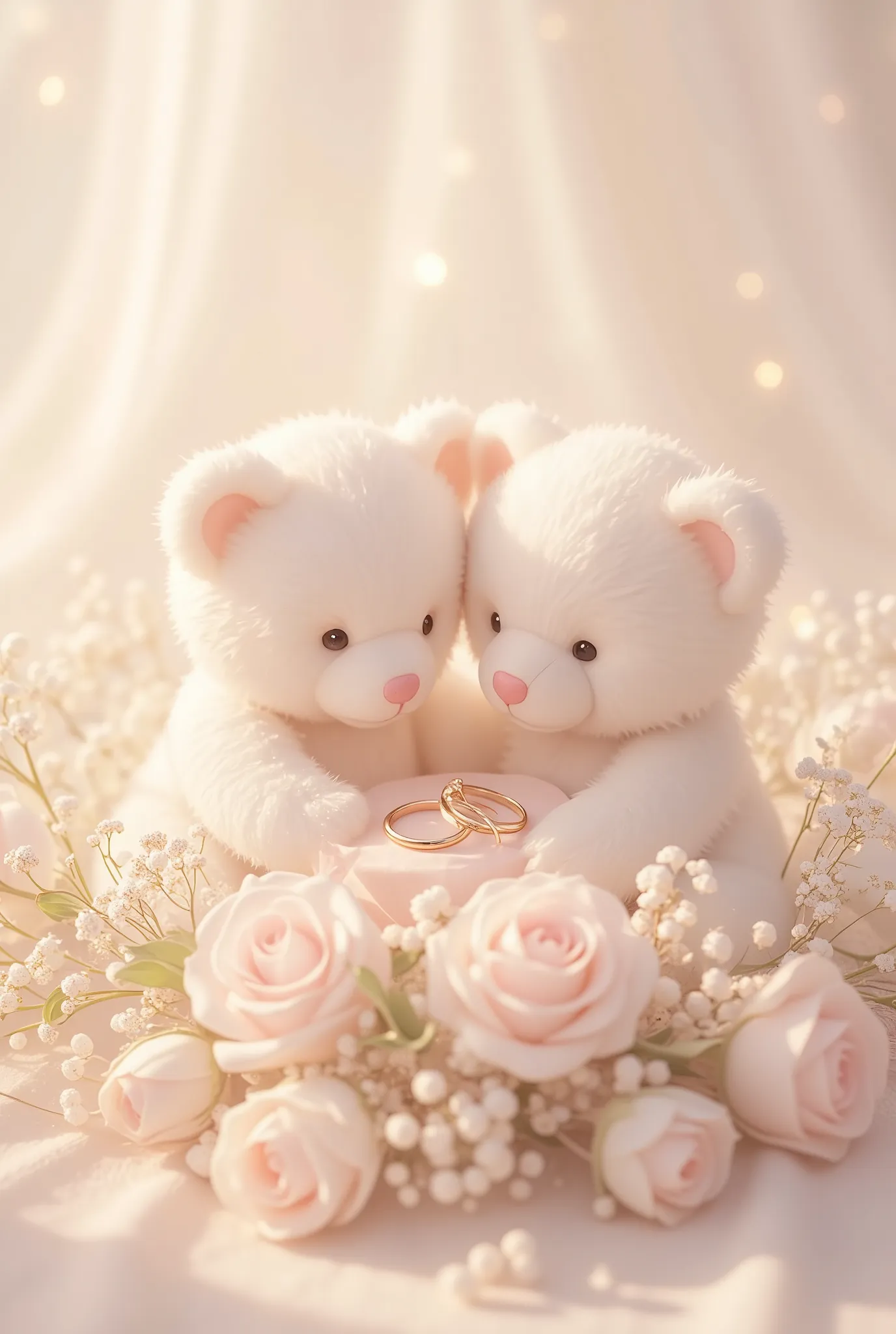 book cover design ,Wedding ring, Wedding flowers, two teddy bears,comfortable white tones