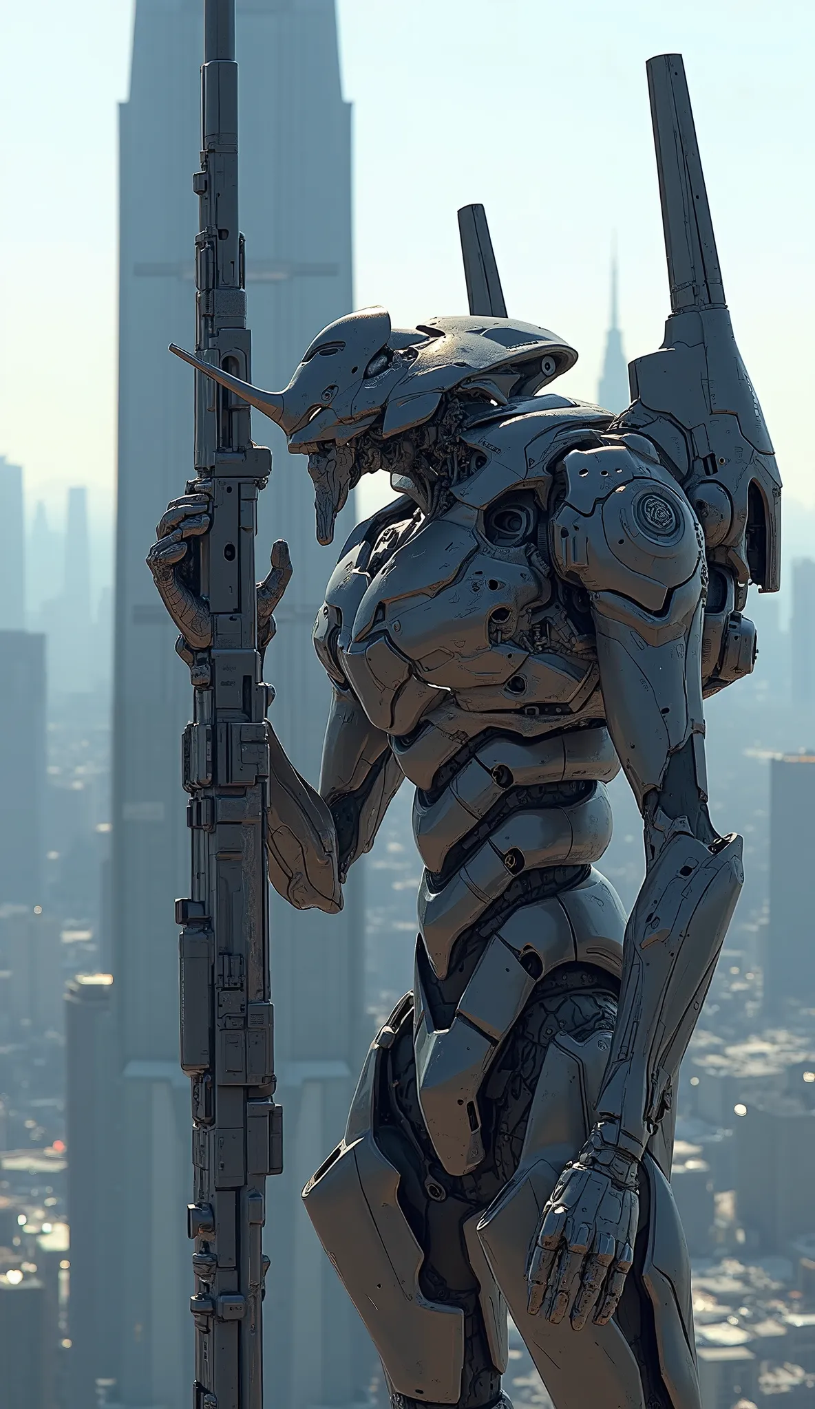 Aerial photo、7-EVA 01 gloss surface finish、 slimフィット、huge、Hunchback、masterpiece、Use a skyscraper as a shield to hold a revolver、 Highest Quality 、Highest Quality 、 Best Picture Quality 、 Thematic depth 、 slim