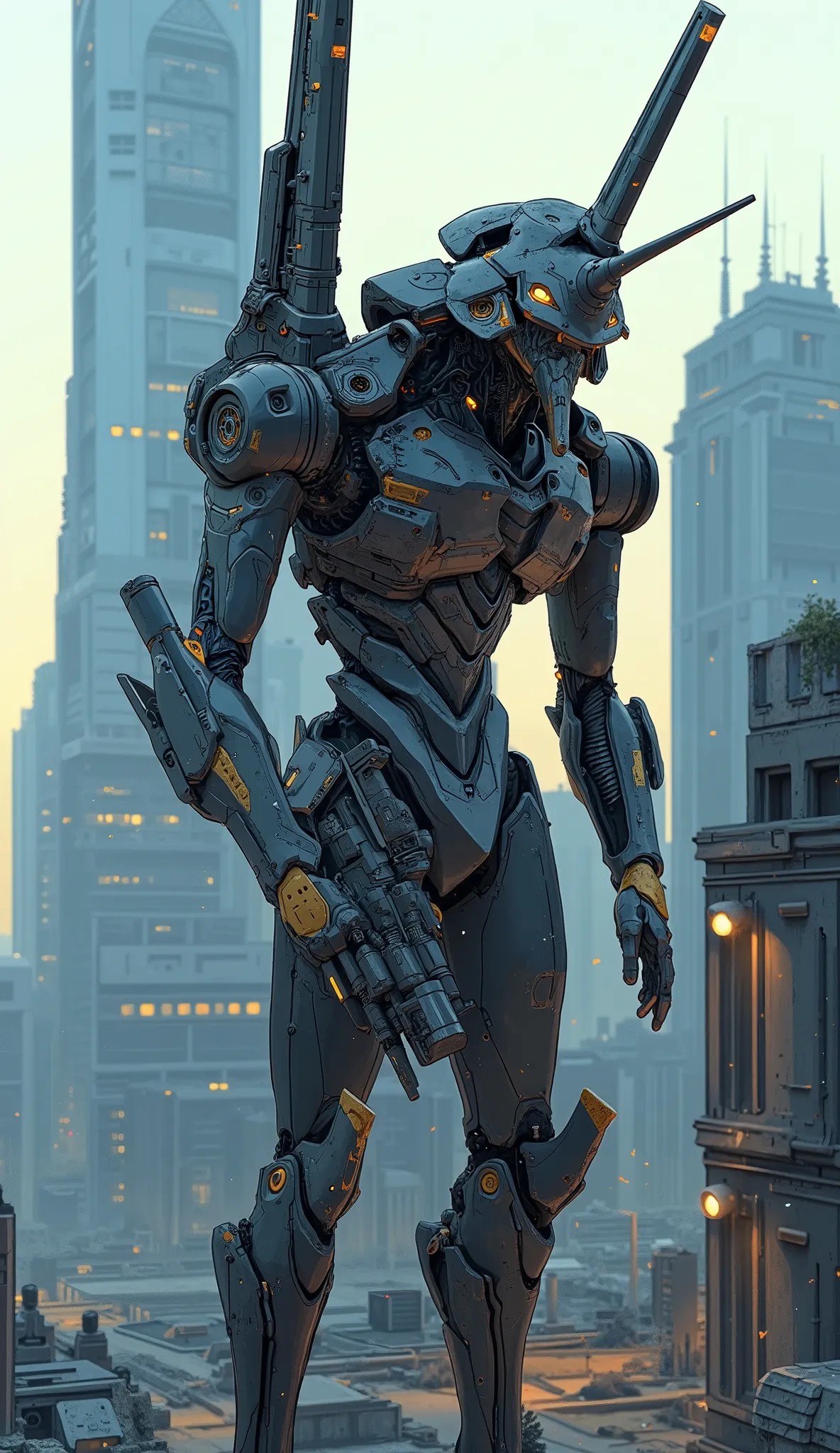 Aerial photo、7-EVA 01 gloss surface finish、 slimフィット、huge、Hunchback、masterpiece、Use a skyscraper as a shield to hold a revolver、 Highest Quality 、Highest Quality 、 Best Picture Quality 、 Thematic depth 、 slim