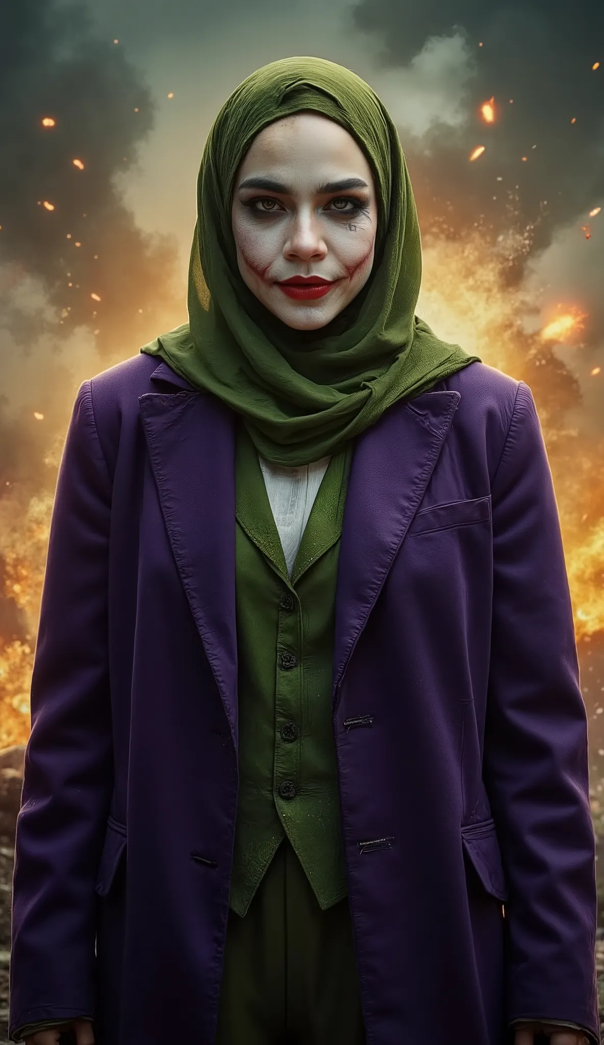 1 malay lady in green hijab dress like a joker from batman movie, joker makeup , dark black makeup around her eyes, red lipstick, purple long coat, white shirt, green vest inside,  laughing , medium portrait shot , explosion and fire background, glowing pa...