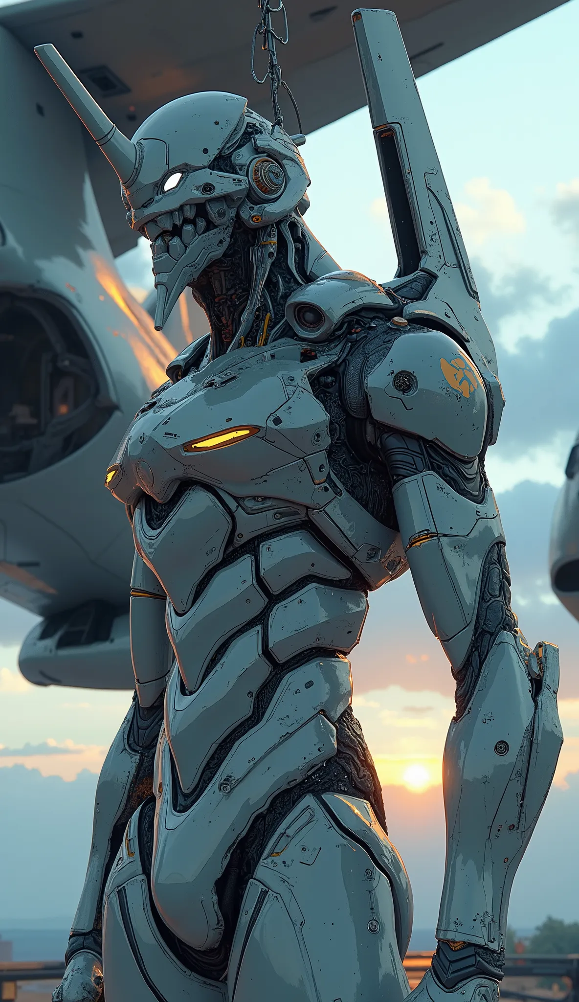 Aerial photo、7-EVA 01 gloss surface finish、 slimフィット、huge、Hunchback、masterpiece、It is being transported by hanging it with a wire on a large transport aircraft、 Highest Quality 、Highest Quality 、 Best Picture Quality 、 Thematic depth 、 slim