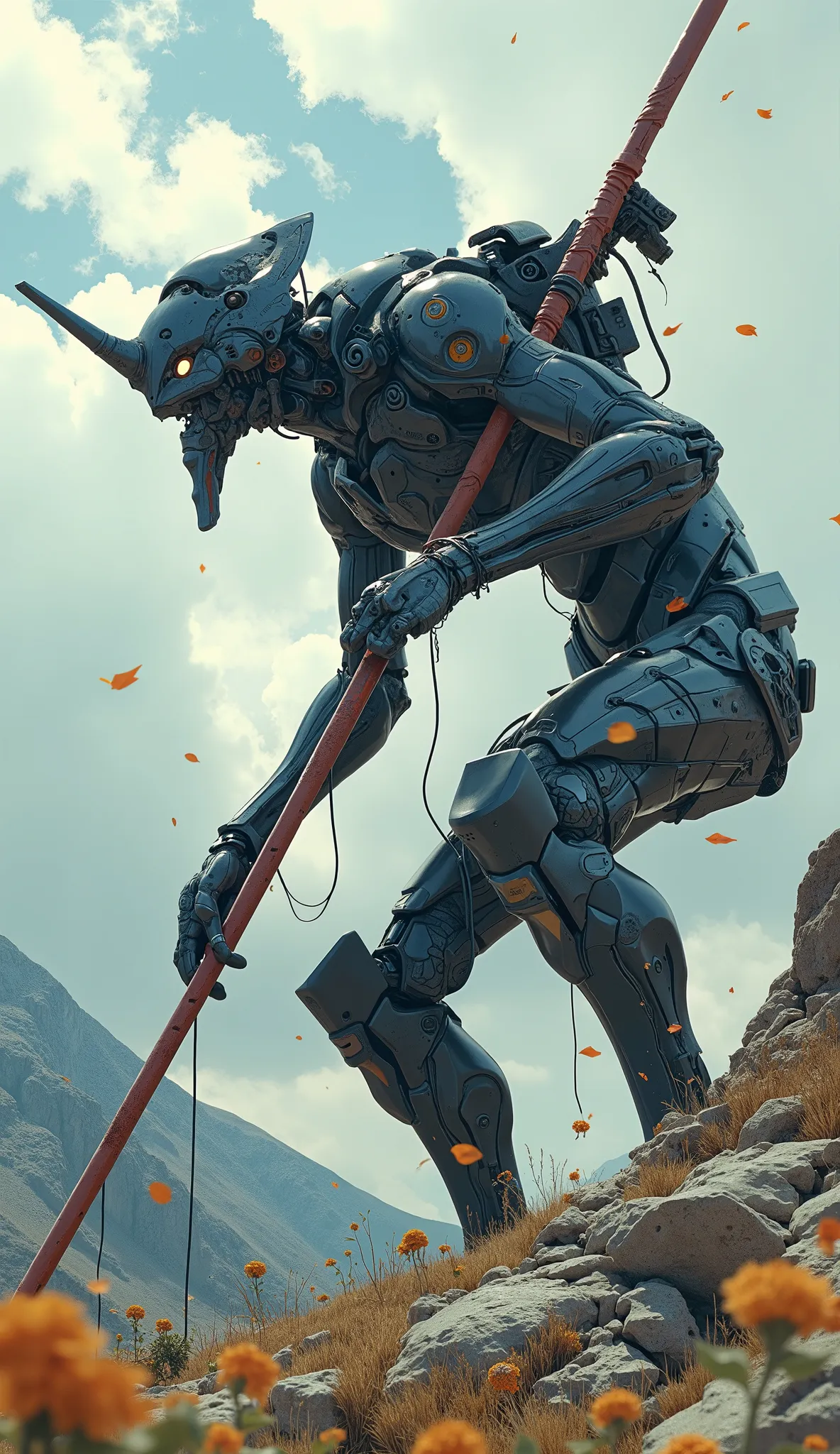 Aerial photo、7-EVA 01 gloss surface finish、 slimフィット、huge、Hunchback、masterpiece、huge赤い槍を投擲する、Athletics Action、 Highest Quality 、Highest Quality 、 Best Picture Quality 、 Thematic depth 、 slim