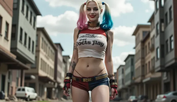 Large image where we see Harley Quinn dressed with her super tight denim mini shorts and a top with thin white straps letting her big generous breasts overflow, elle se tient debout face à nous dans une pose provocante tout en nous regardant dans les yeux et en souriant, elle se trouve dans un paysage de ville post apocalyptique, You can see his whole body, corps entier, full body,