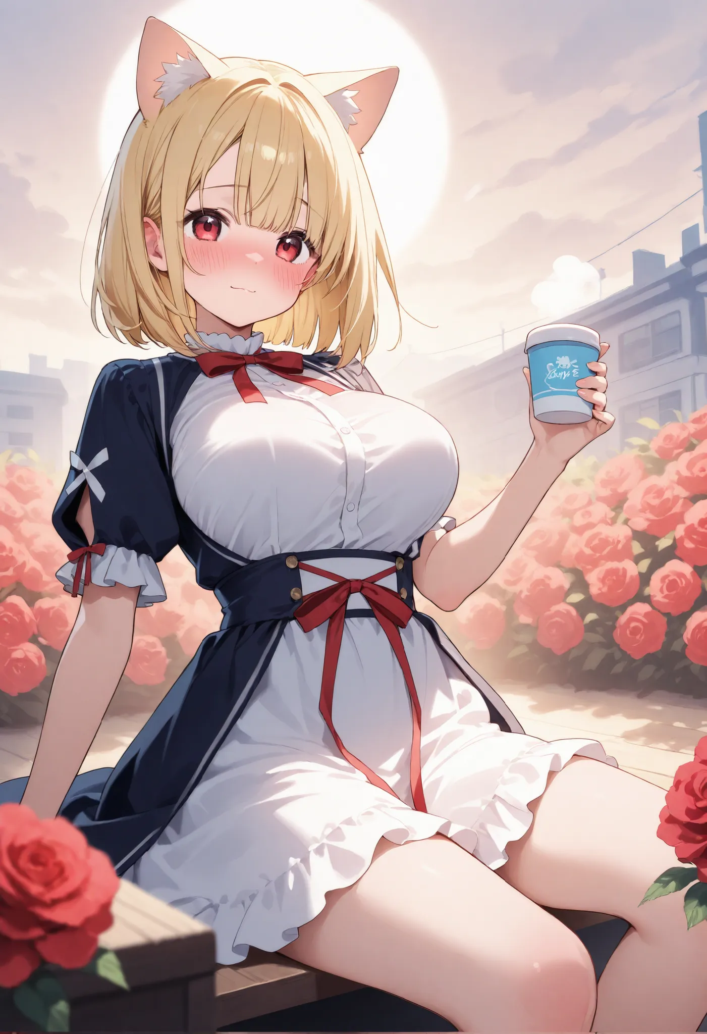 Blonde Cat Ears、bob cut blonde hair、 popup、、red ribbon、、shyly blush、
