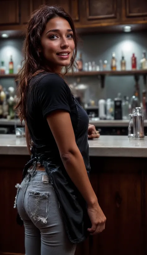 A woman, light-medium brown complexion, young and sexy adult, is positioned slightly to the left of center in a bar setting. She is wearing a black short-sleeved top. She also wears light more ripped gray jeans and a dark apron. She has straight, dark hair...