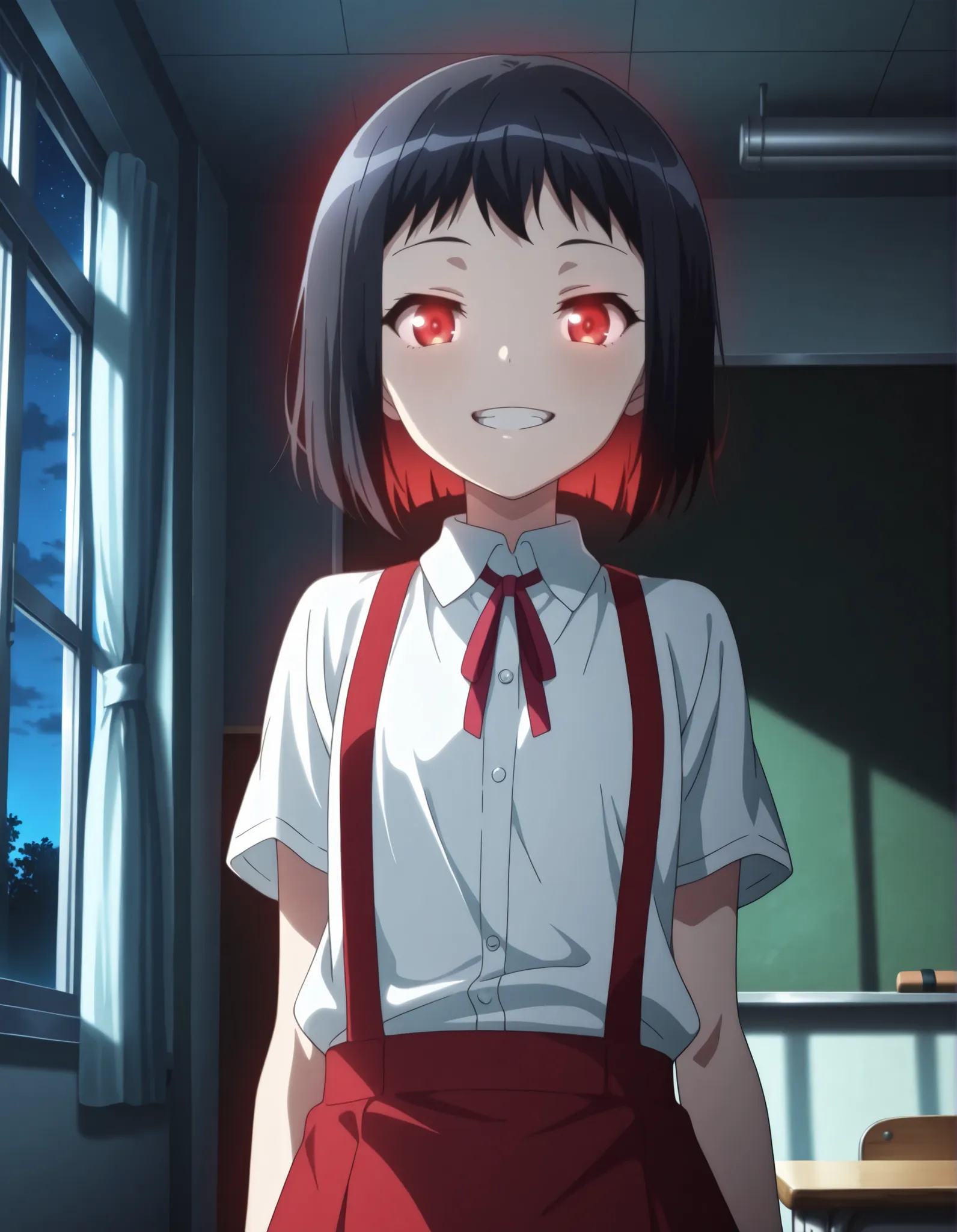 Master piece, highres, best quality, official art, highres, masterpiece, newest","solo, 1girl, hanakosan, black hair, grin, teeth, flat chest","school uniform, red skirt, neck ribbon, white shirt, short sleeves, suspenders, suspender skirt, BREAK classroom...
