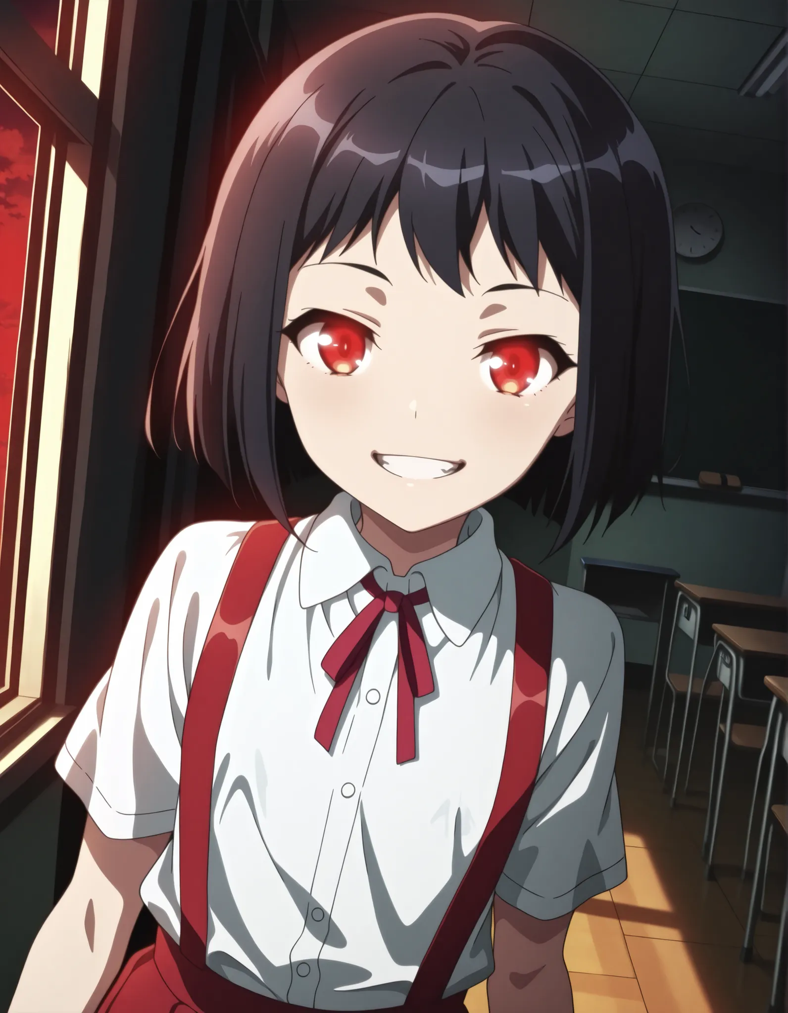 Master piece, highres, best quality, official art, highres, masterpiece, newest","solo, 1girl, hanakosan, black hair, grin, teeth, flat chest","school uniform, red skirt, neck ribbon, white shirt, short sleeves, suspenders, suspender skirt, BREAK classroom...