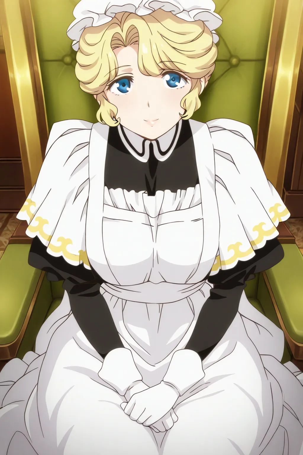 score 9, score8up, score7up, Score 6_up, 

MESION, sitting in a chair, 

1 girl on break day,solo,Minure,

victorian_maid,
 Gold, blue eyes, , short hair, [mob cap,

a white and black dress on her shoulders,
(black_pantyhose), maid_apron, 
maid_length_skirt for ears, gloves,


detailed decorinion,tied her lips,in hein_in_viewer,Sulky,

illumination,light_smile,

masterpiece, best quality, great quality, very aesthetic, newest,
anime screen capture, anime coloring, OFFICIAL STYLE, perfect quality,
