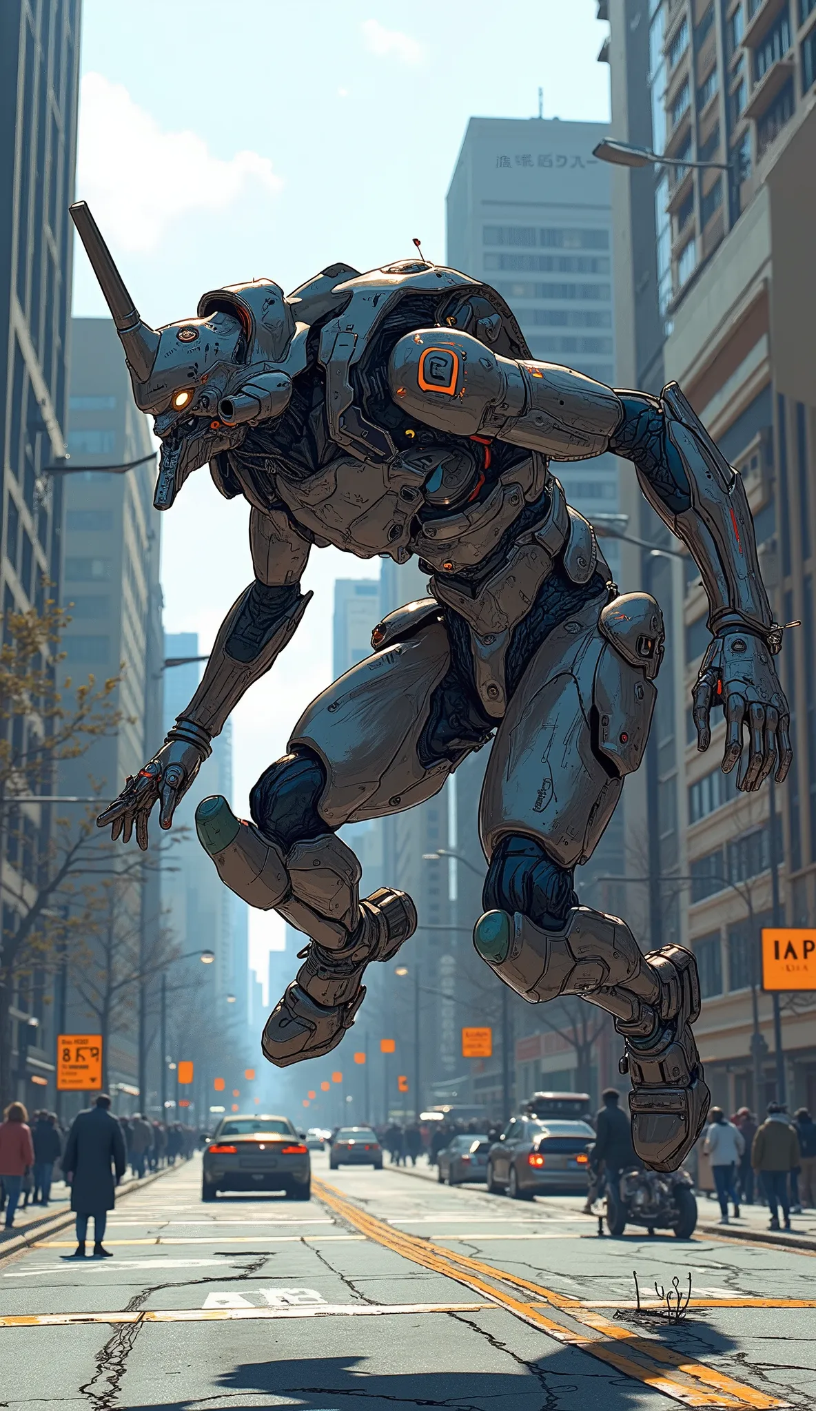 Aerial photo、7-EVA 01 gloss surface finish、 slimフィット、huge、Hunchback、masterpiece、Downtown、Sprint、Track and field athlete action、dynamic composition、dynamic action、 Highest Quality 、Highest Quality 、 Best Picture Quality 、 Thematic depth 、 slim