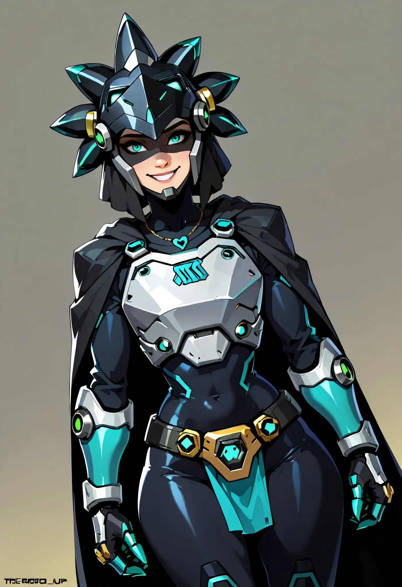 Score_9, Score_8_up, cartoon style, flat colors, Overwatch style, 1 girl, alone, turquoise eyes, Disney Pixar character, fully clothed, open eyes, dronified, tight black tracksuit, friendly gesture, long smile, large robotic breastplate, heart-shaped power...