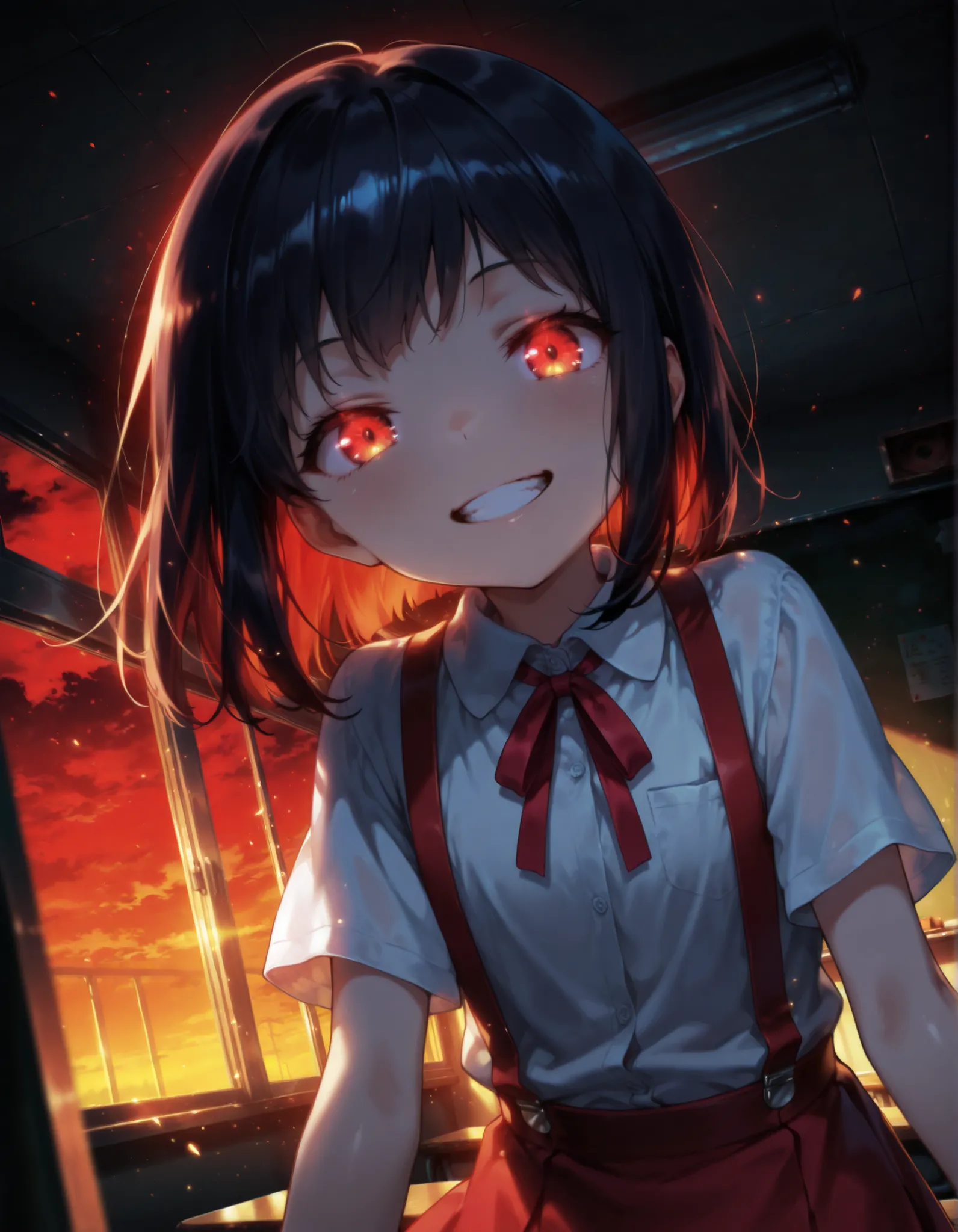 Master piece, highres, best quality, official art, highres, masterpiece, newest","solo, 1girl, hanakosan, black hair, grin, teeth, flat chest","school uniform, red skirt, neck ribbon, white shirt, short sleeves, suspenders, suspender skirt, BREAK classroom...