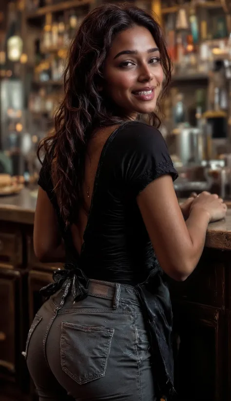 A woman, light-medium brown complexion, young about 20's sexy adult, is positioned slightly to the left of center in a bar setting. She is wearing a black short-sleeved top transparent on the back. She also wears light more ripped gray jeans and a dark apr...