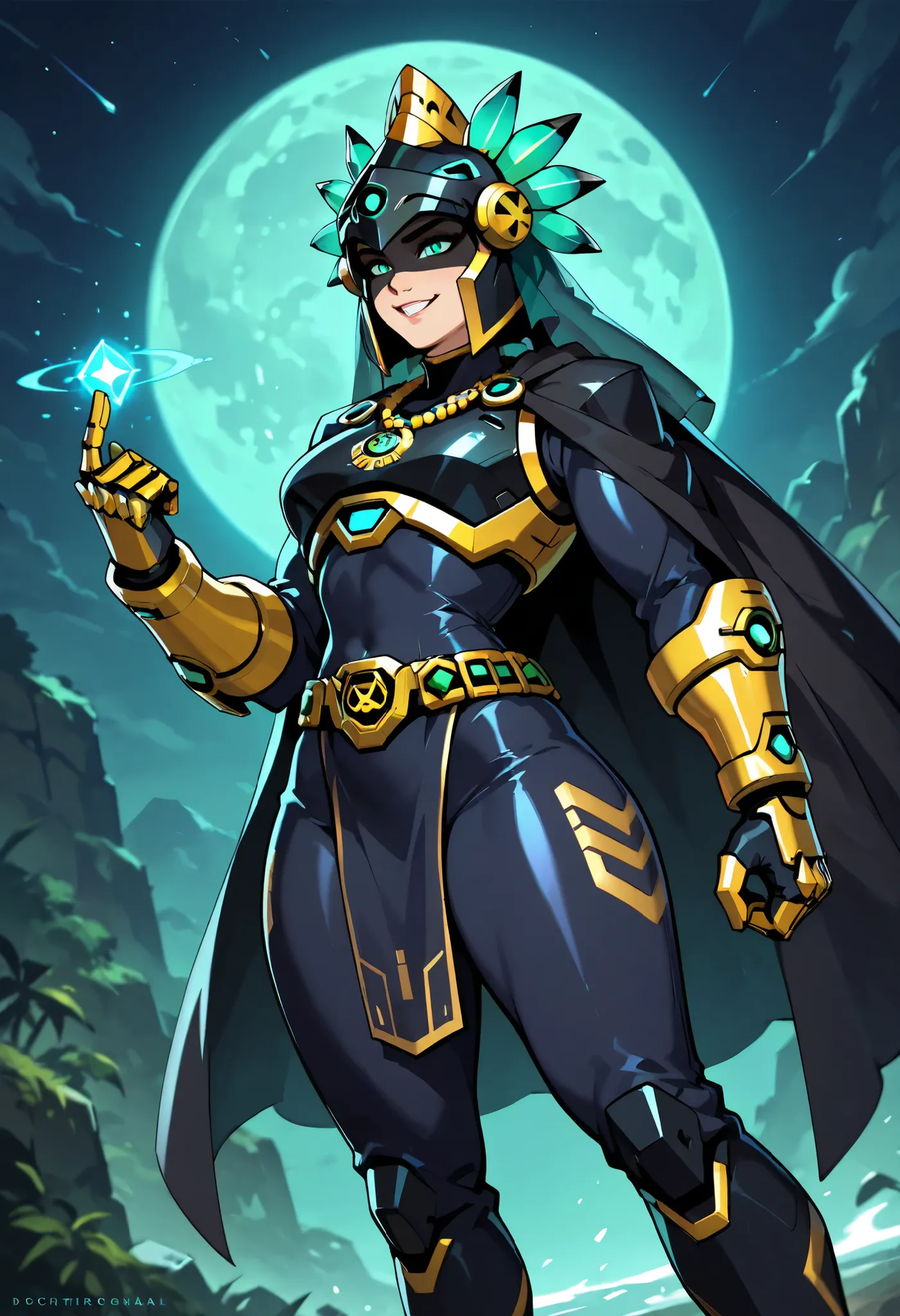 Score_9, Score_8_up, cartoon style, flat colors, Overwatch style, 1 girl, alone, turquoise eyes, Disney Pixar character, fully clothed, open eyes, dronified, tight black tracksuit, friendly gesture, long smile, large robotic breastplate, robotic power reac...