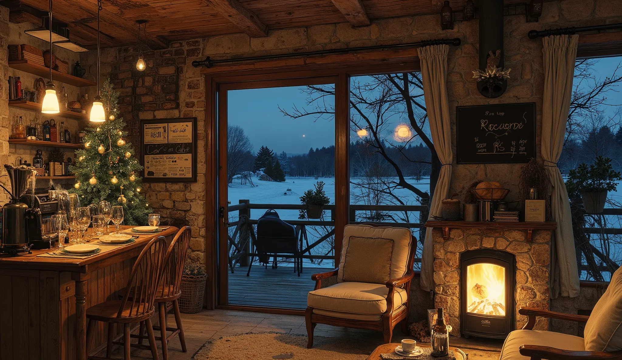 Cozy cabin with fireplace, không có cây Giáng sinhThe scene depicts a Cozy cabin with fireplace, without a rustic cafe Christmas tree, overlooking a beautiful lake .
The interior has a wooden counter , on which a shiny metal coffee pot shines , symbo...
