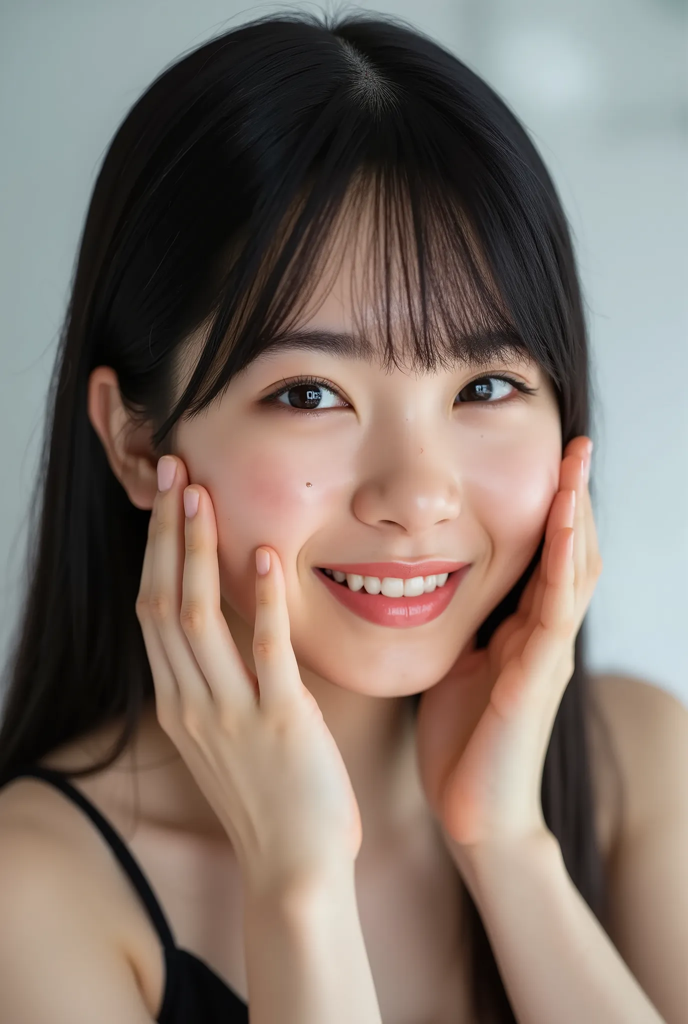 An extreme ultra close-up, hyperrealistic portrait of a stunningly beautiful young Japanese woman. Her face fills 95% of the frame, captured in cinematic soft natural lighting. Her porcelain skin glows with an ultra-luxury makeup sheen, showing hyper-detai...