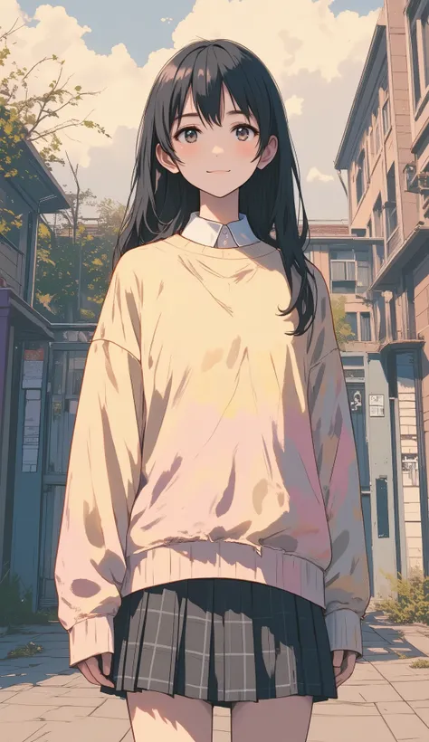 Medium-shot, vertical pastel-style illustration featuring a beautiful  high school girl standing in front of a school gate. She has long, straight black hair flowing neatly down her back, and a sweet, gentle smile on her pale face. Her dark eyes glow with ...