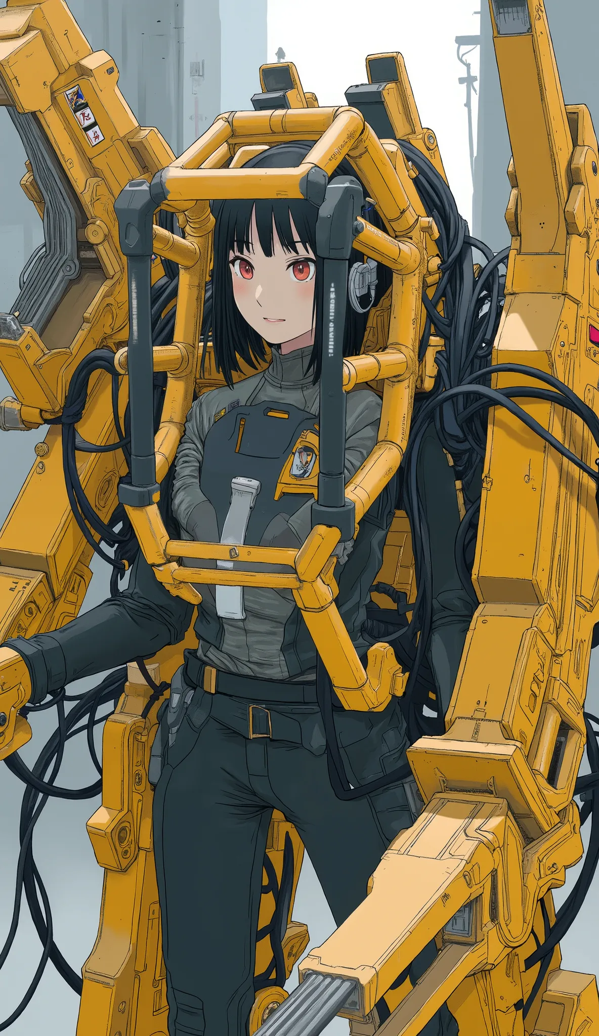 power loader composed of various metal and mechanical components、Mostly bright yellow,The sensors on each part emit light blue、 angular features typical of advanced robotics.  its body is made up of multiple interconnected, A beautiful Japanese woman is pi...