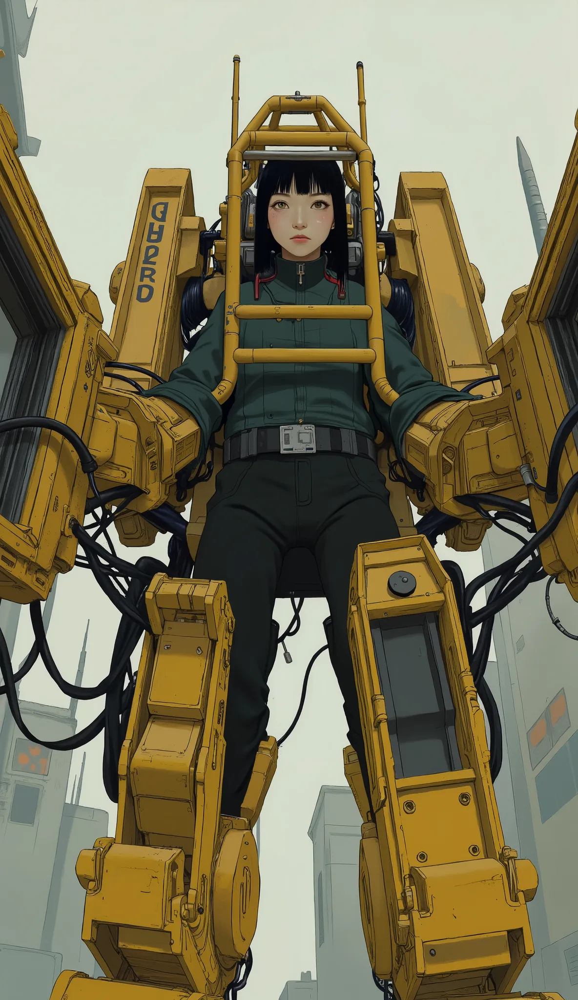 power loader composed of various metal and mechanical components、Mostly bright yellow,The sensors on each part emit light blue、 angular features typical of advanced robotics.  its body is made up of multiple interconnected, A beautiful Japanese woman is pi...
